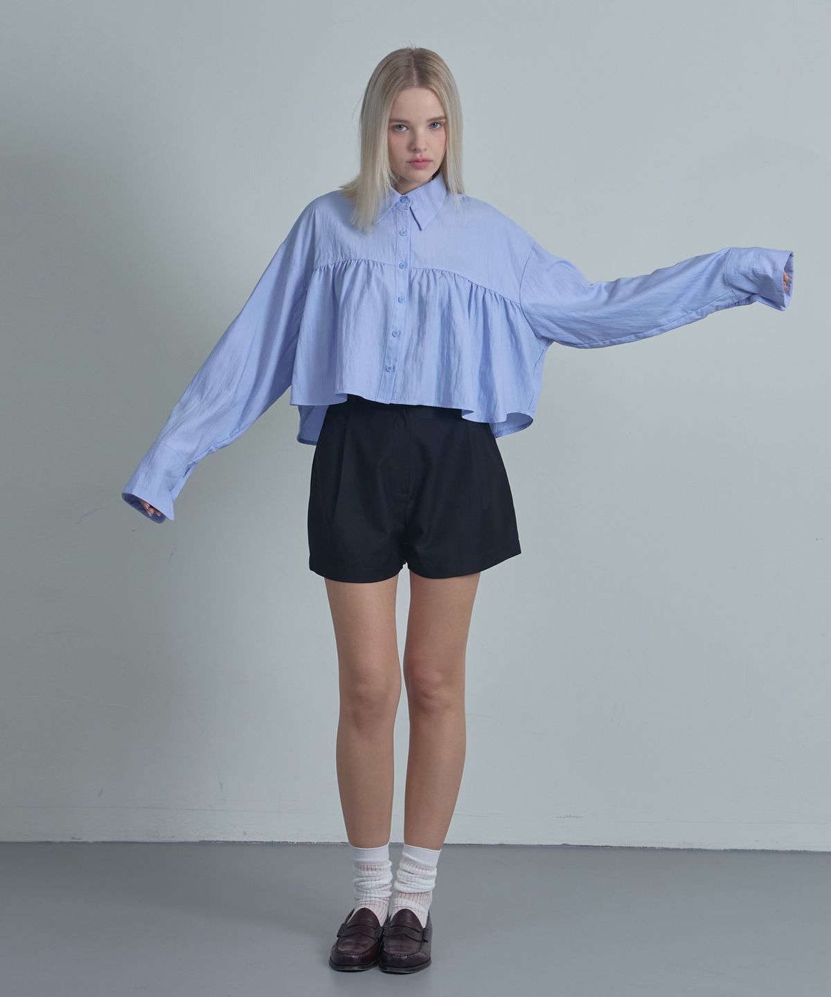 무아르모아(MOIREMOA) Shirring Layered Blouse-Blue
