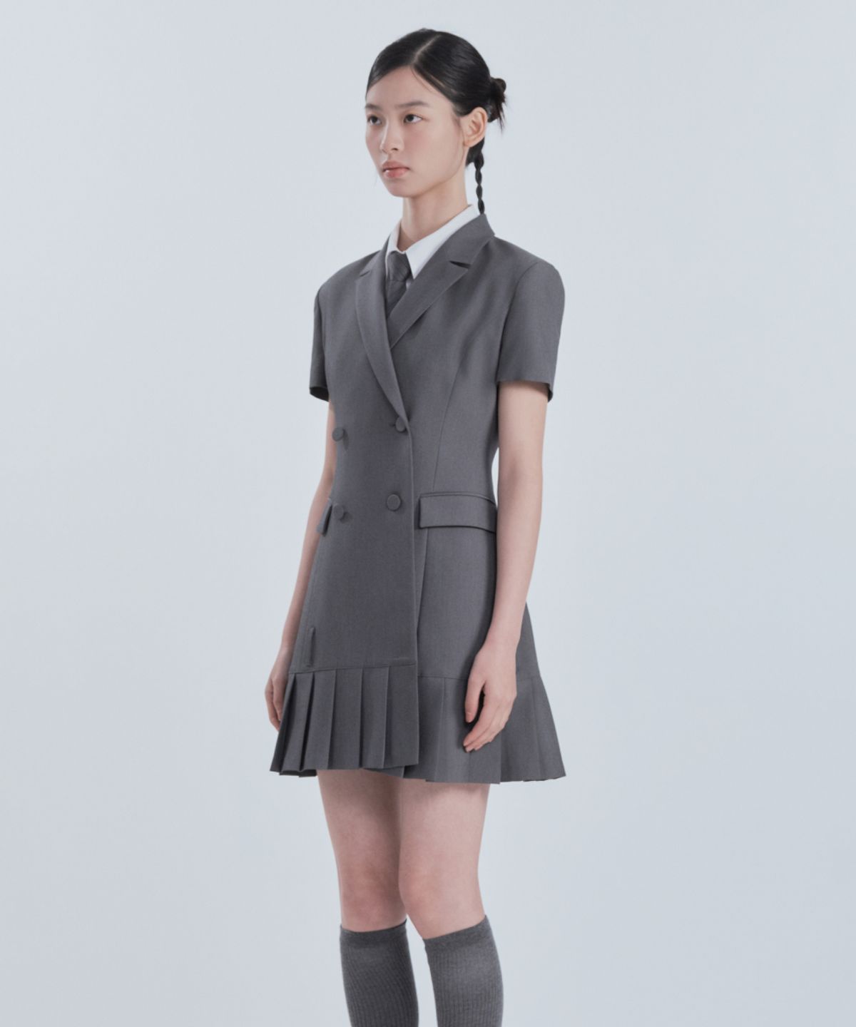 마우솔레움(MAU SOLEUM) [기장 선택] Jenn Pleated Half-Sleeve Suit Jacket Dress - Grey