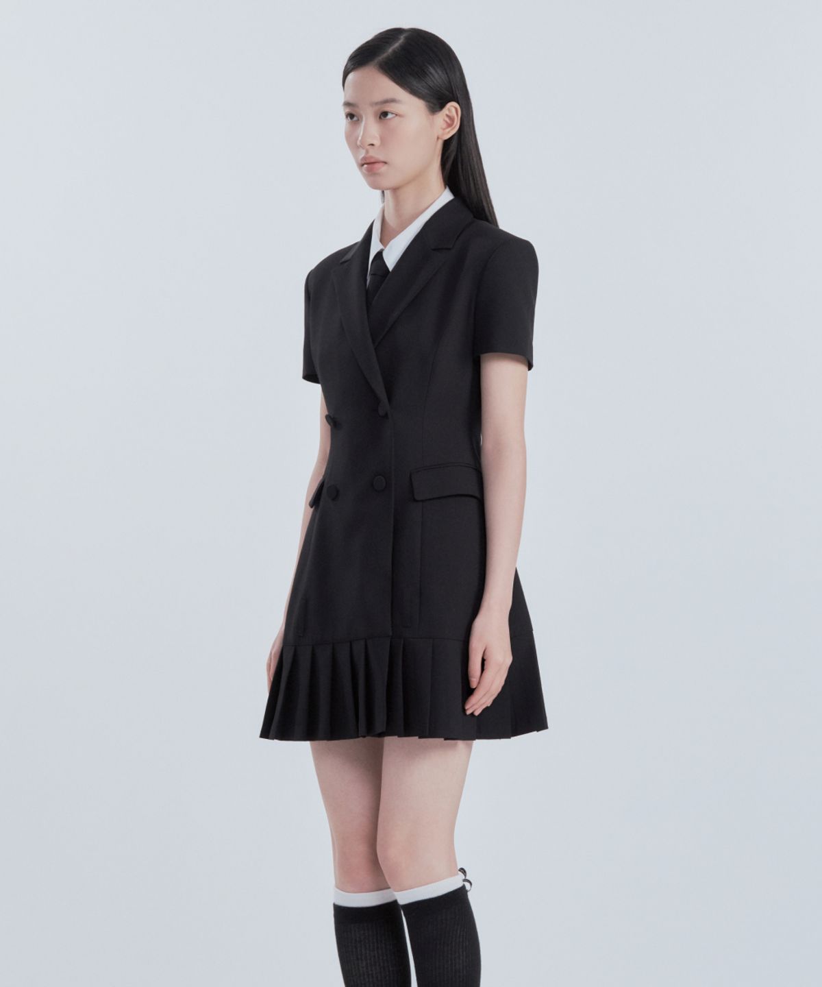 마우솔레움(MAU SOLEUM) [기장 선택] Jenn Pleated Half-Sleeve Suit Jacket Dress - Black