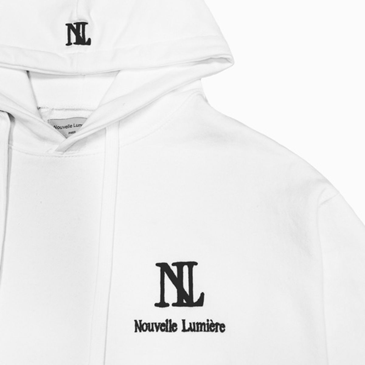 누벨르미에르(NOUVELLE LUMIERE) 시그니처 화이트 후드티 코랄블루와펜