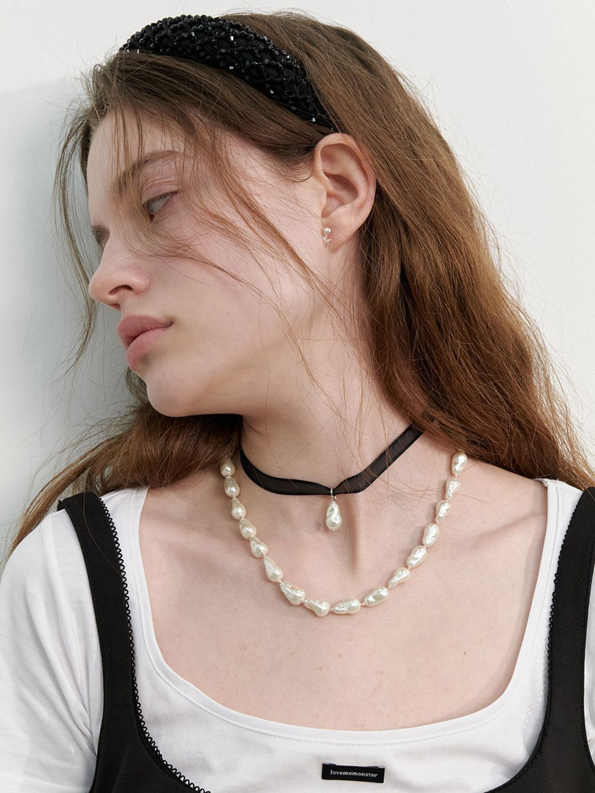 러브미몬스터(LOVE ME MONSTER) Pearl Charm Sheer Ribbon Choker (L241MNK040)