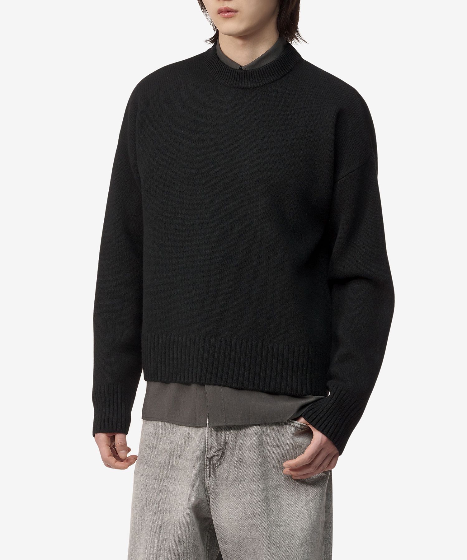 ★★AMI PARIS★★ Crop Crewneck Knit Black UKS034KN0028001 U MUSINSA | AMI Crop Crewneck Knit - Black / UKS034KN0028001
