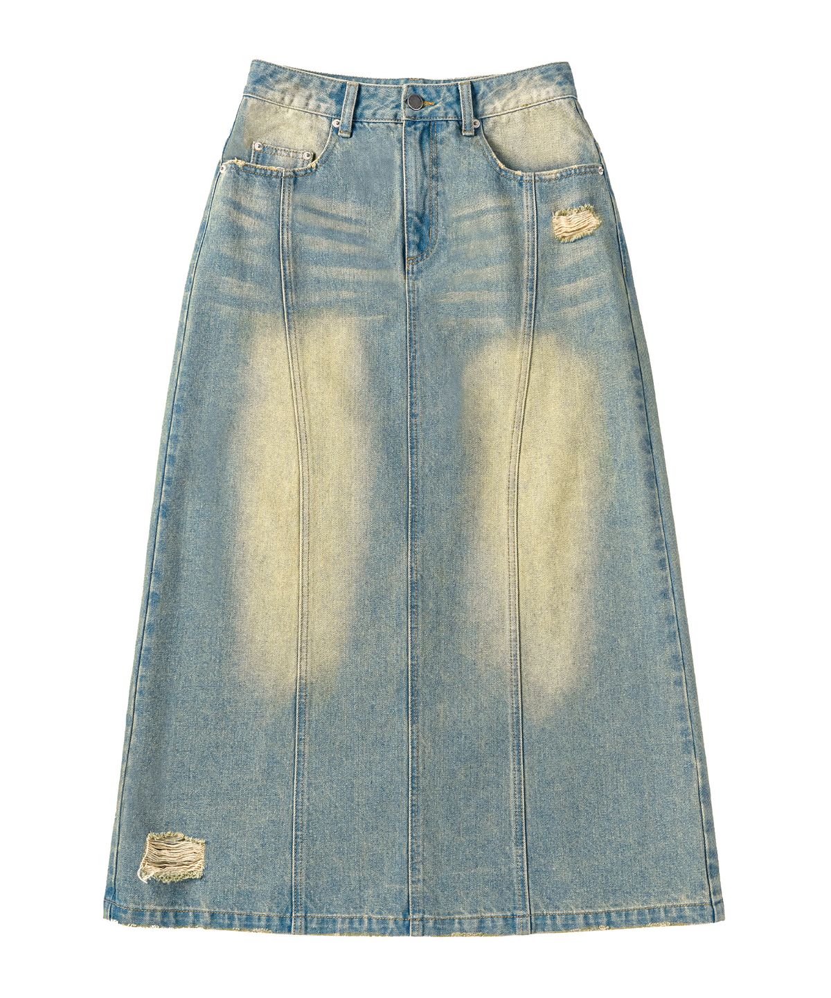 아워데이즈(OURDAYZ) 웨이비 커브드 롱 데님 스커트 [VINTAGE BLUE]