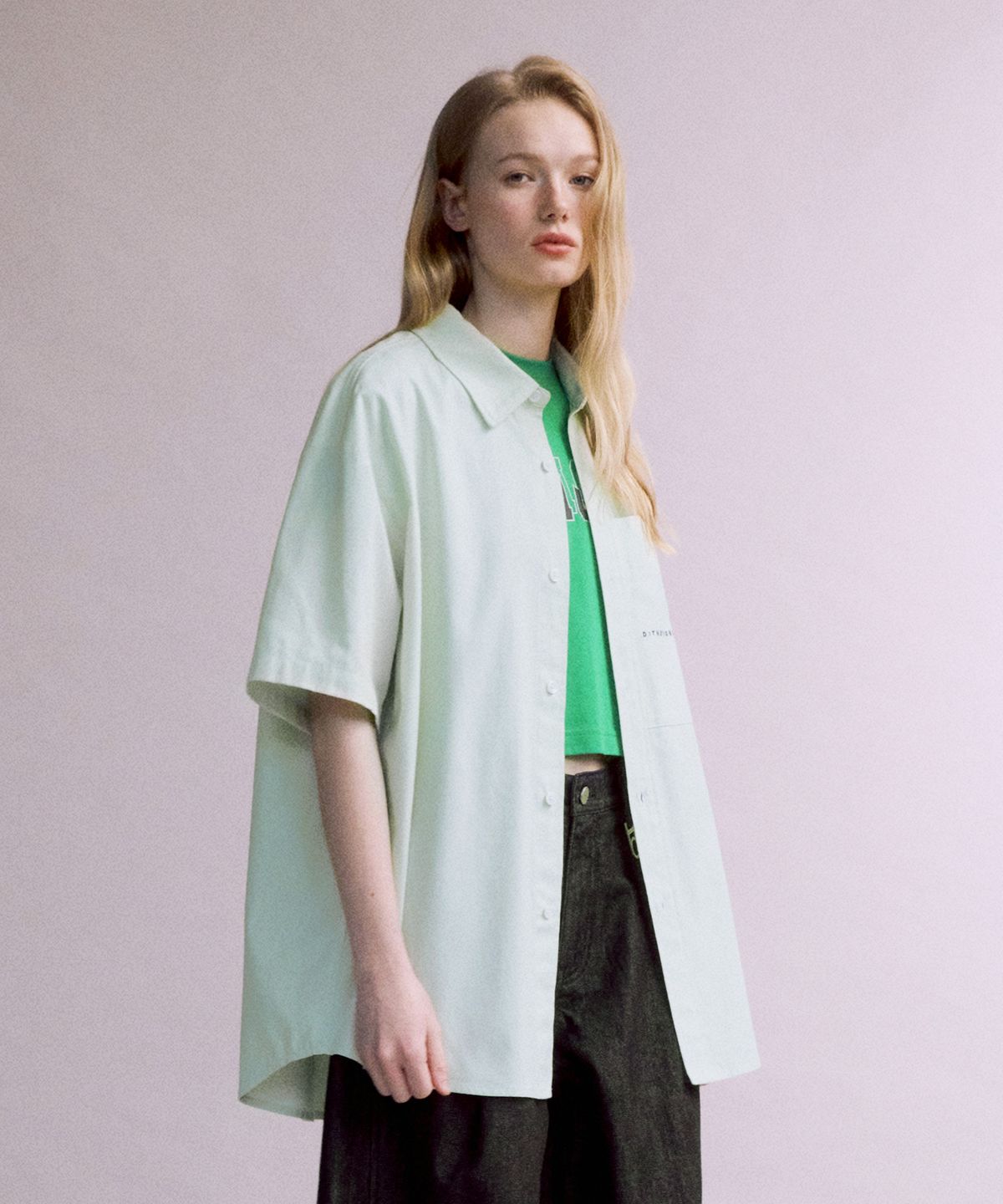 디써티원(DTHIRTYONE) Embroidered Half Sleeve Oxford Shirt (APPLE GREEN)