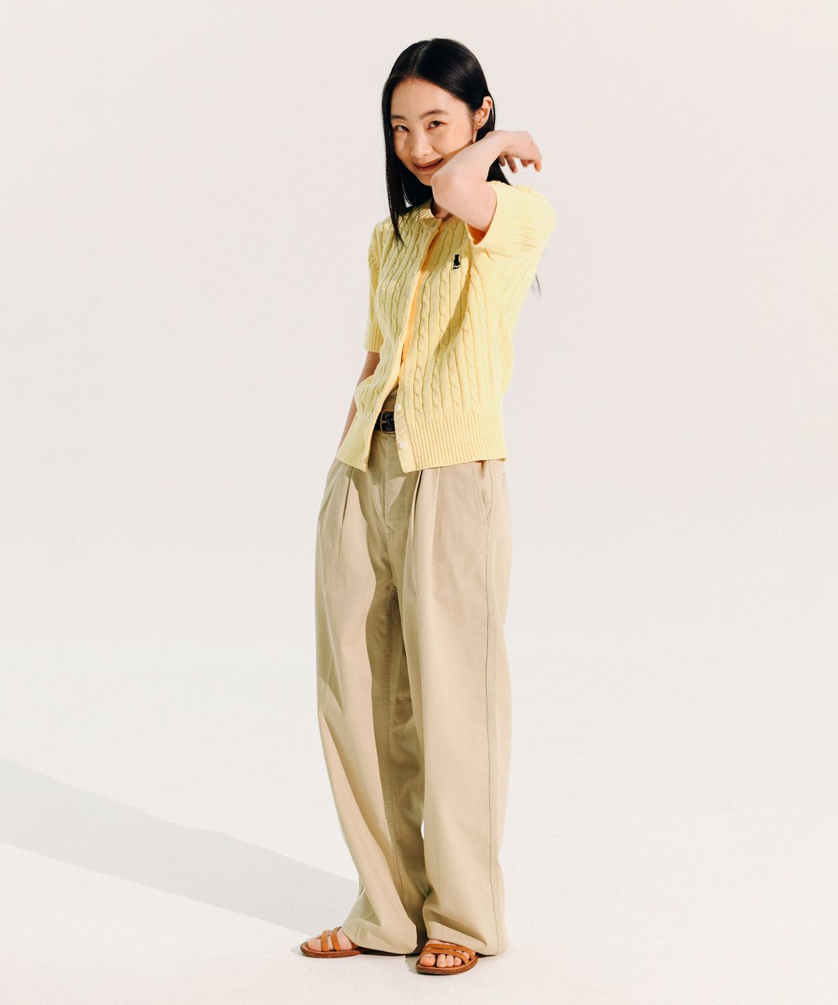 예일(YALE) 우먼즈 케이블 숏슬리브 가디건_아이보리