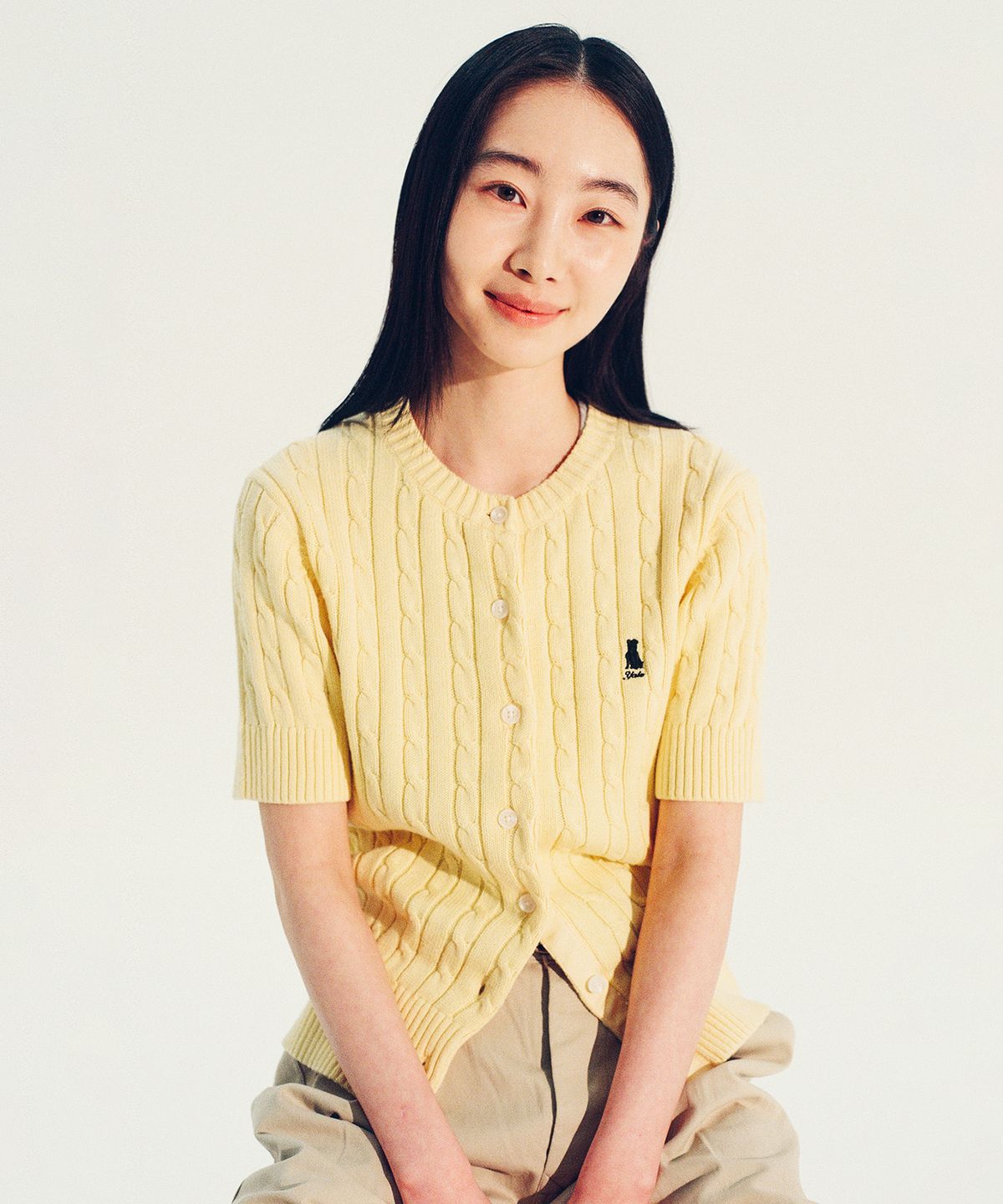 예일(YALE) 우먼즈 케이블 숏슬리브 가디건_아이보리