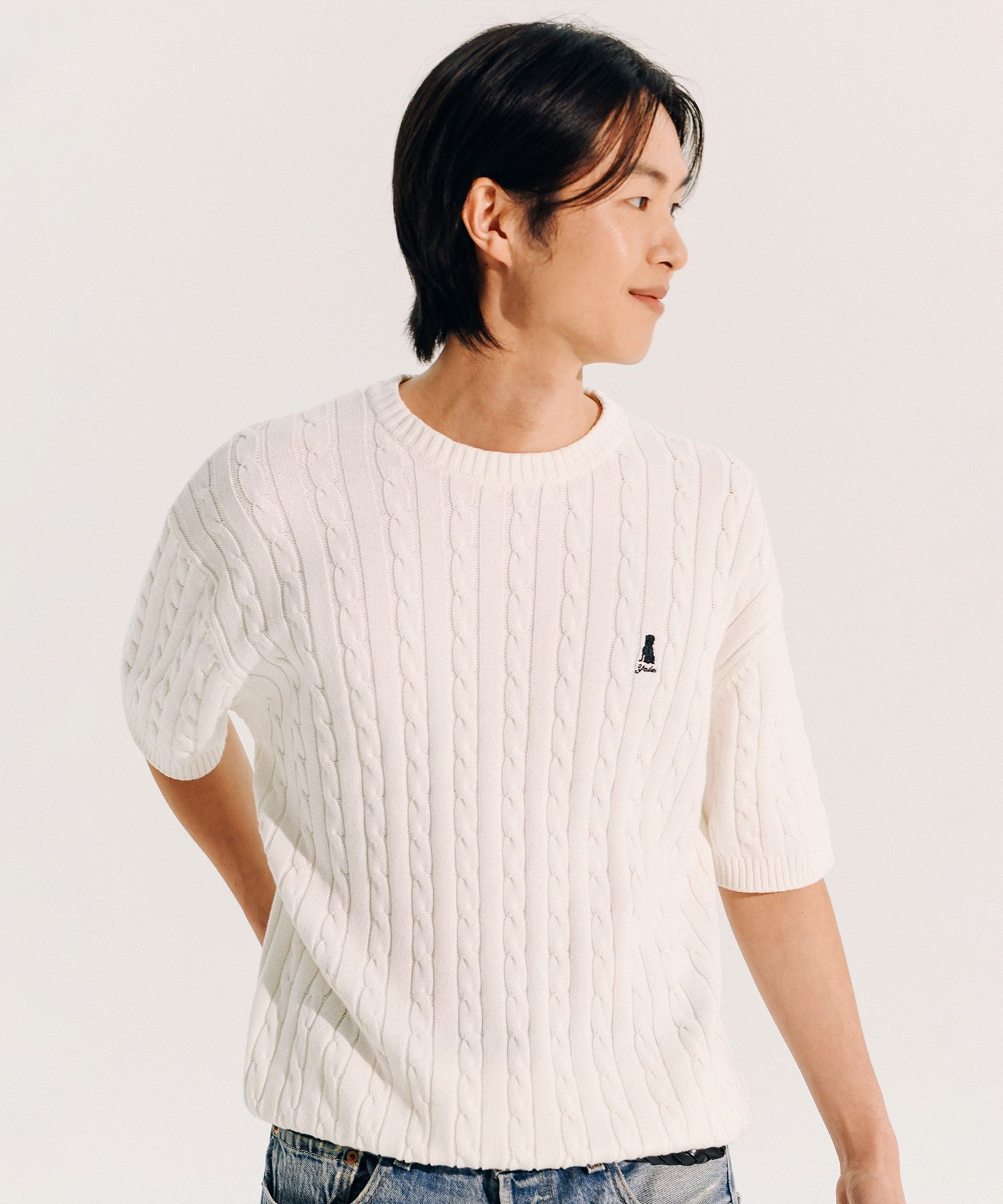 ☆YALE☆ HERITAGE DAN CABLE SHORTSLEEVE ROUND KNIT  BLU MUSINSA | YALE Heritage Dan Cable Short Sleeve Round Knit