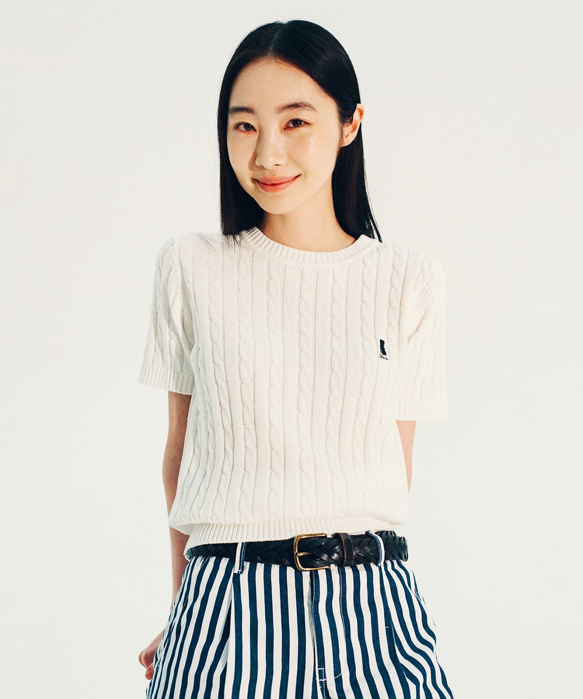 예일(YALE) 우먼즈 헤리티지 댄 케이블 반팔 라운드 니트 빈티지 옐로우