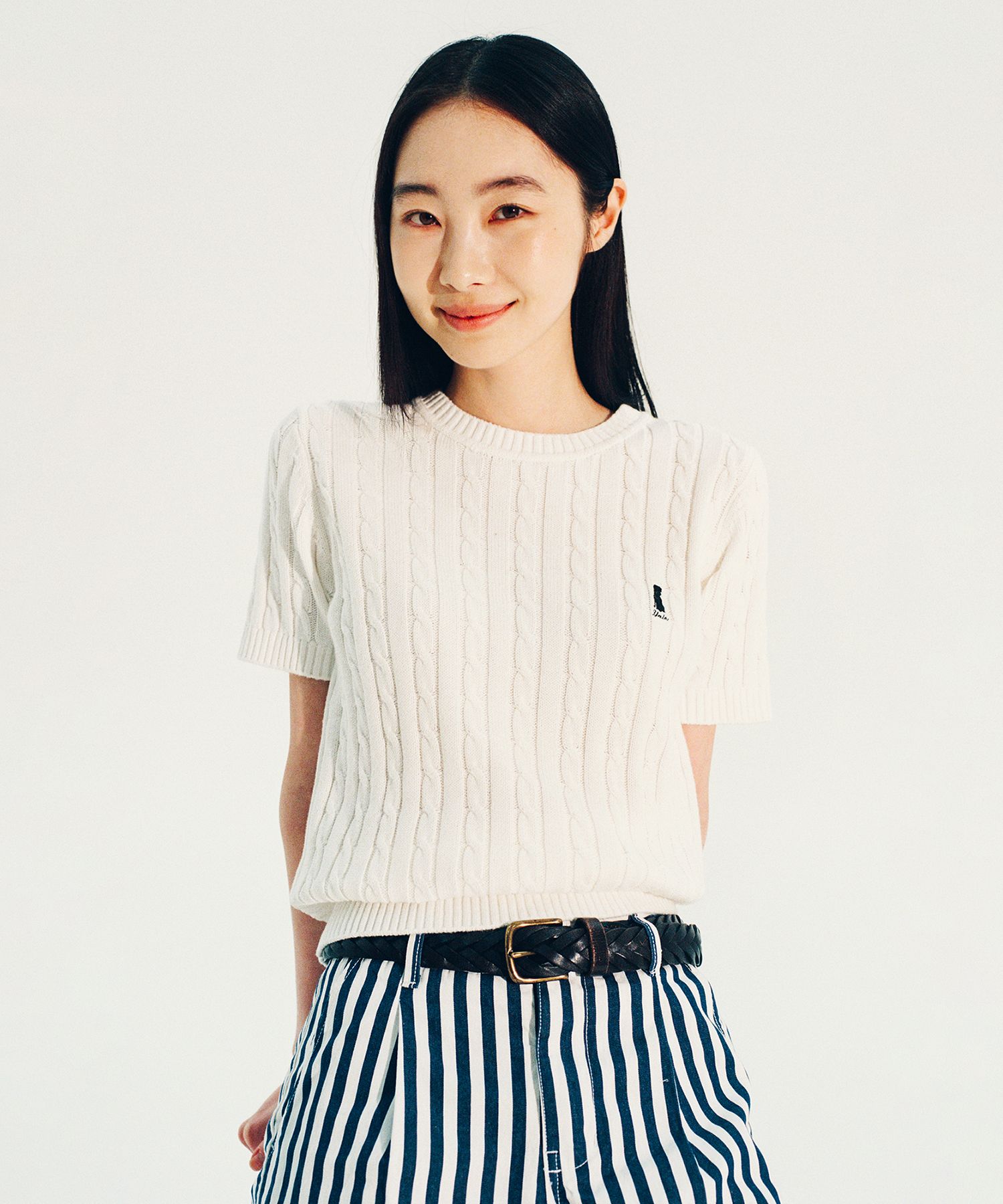 ☆YALE☆ HERITAGE DAN CABLE SHORTSLEEVE ROUND KNIT NAVY YEM1 MUSINSA公式 | YALE Heritage Dan Cable Short Sleeve Round