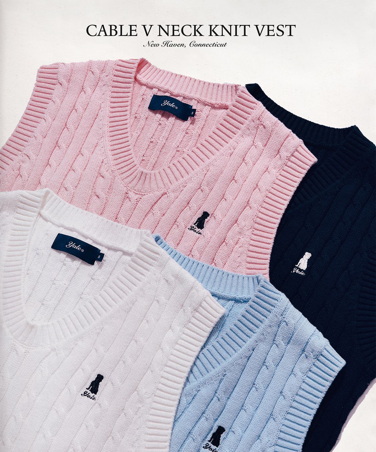 예일(YALE) [100% COTTON] 우먼즈 케이블 브이넥 니트베스트 아이보리