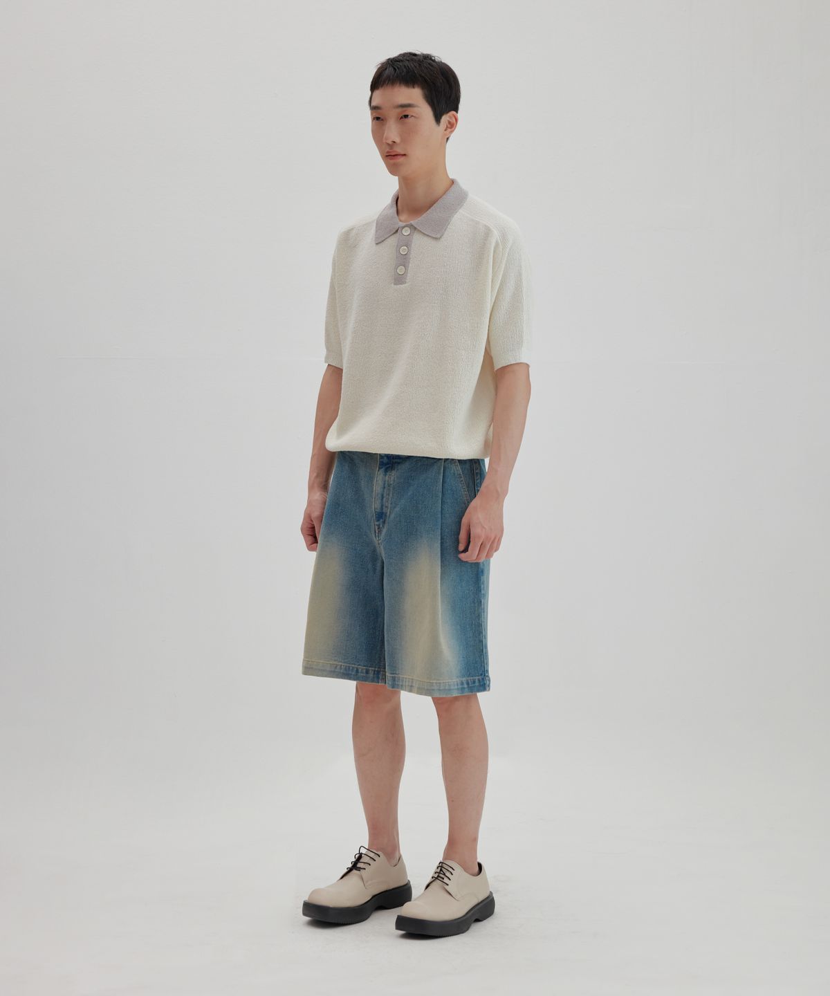 넌블랭크(NONBLANK) 래글런 하프 슬리브 칼라 니트_IVORY