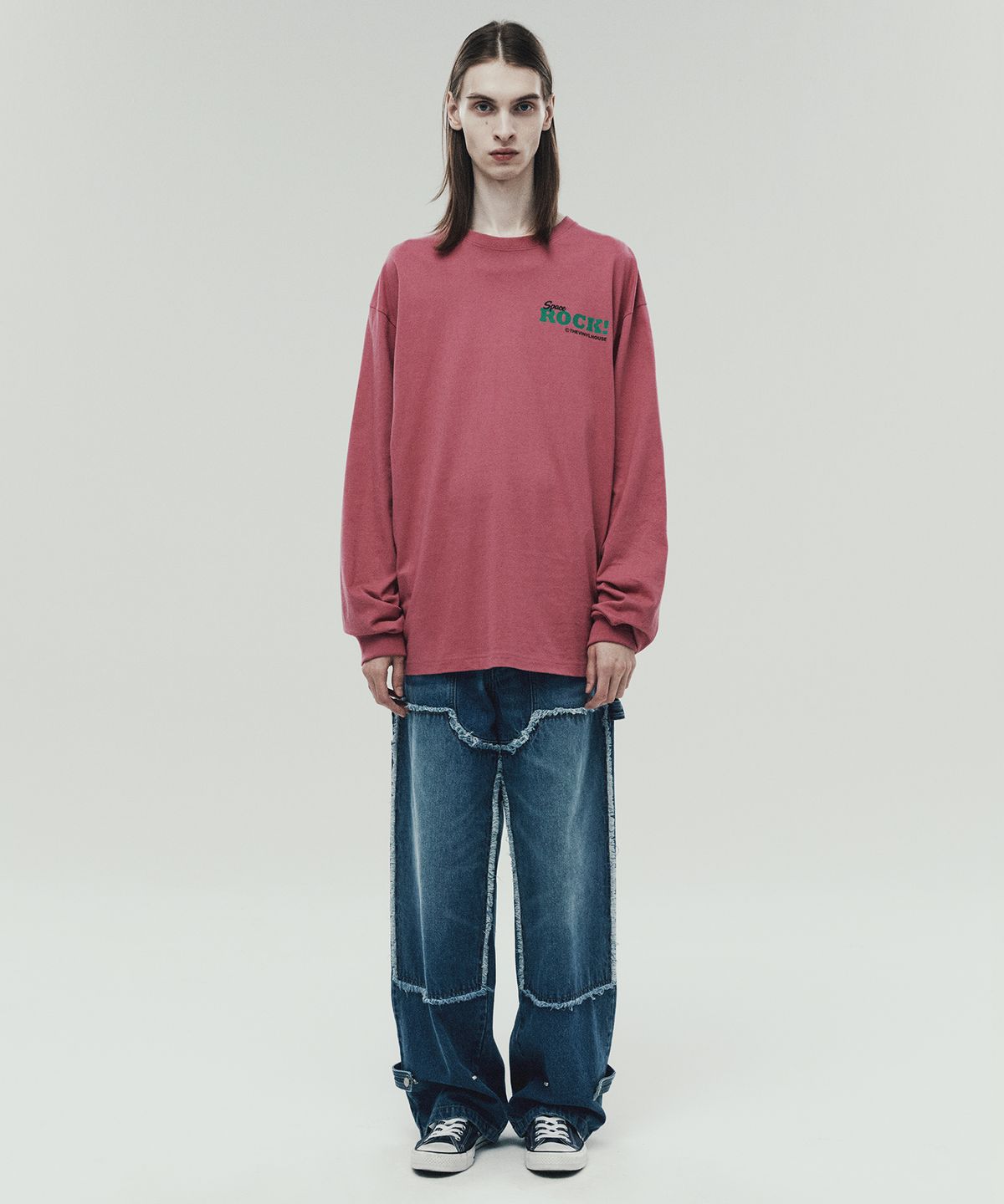 더바이닐하우스(THEVINYLHOUSE) CUT OFF DOUBLE KNEE JEANS BLUE (VH2DFUD101A)