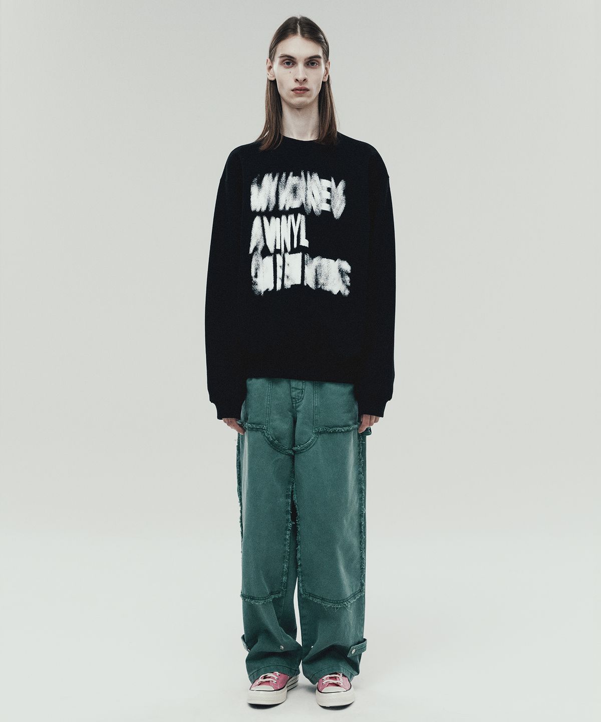더바이닐하우스(THEVINYLHOUSE) CUT OFF DOUBLE KNEE JEANS GREEN (VH2DFUD101A)