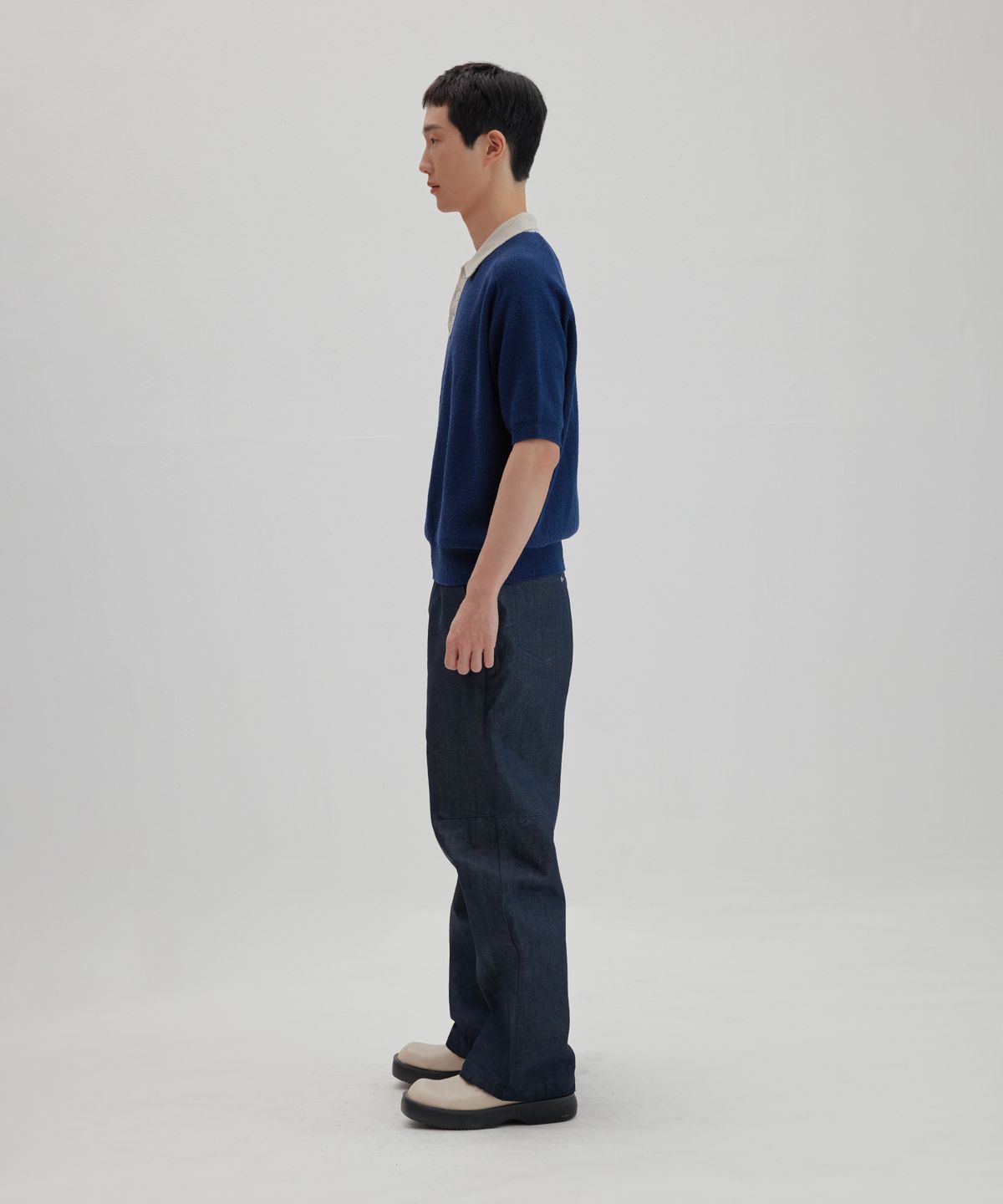 넌블랭크(NONBLANK) 래글런 하프 슬리브 칼라 니트_NAVY