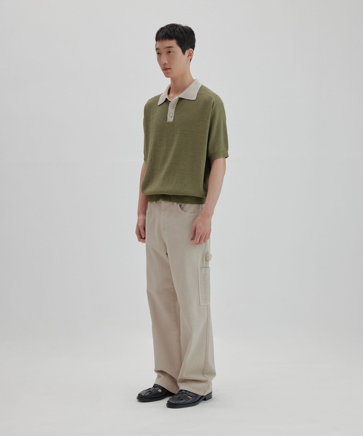 넌블랭크(NONBLANK) 래글런 하프 슬리브 칼라 니트_DEEP GREEN