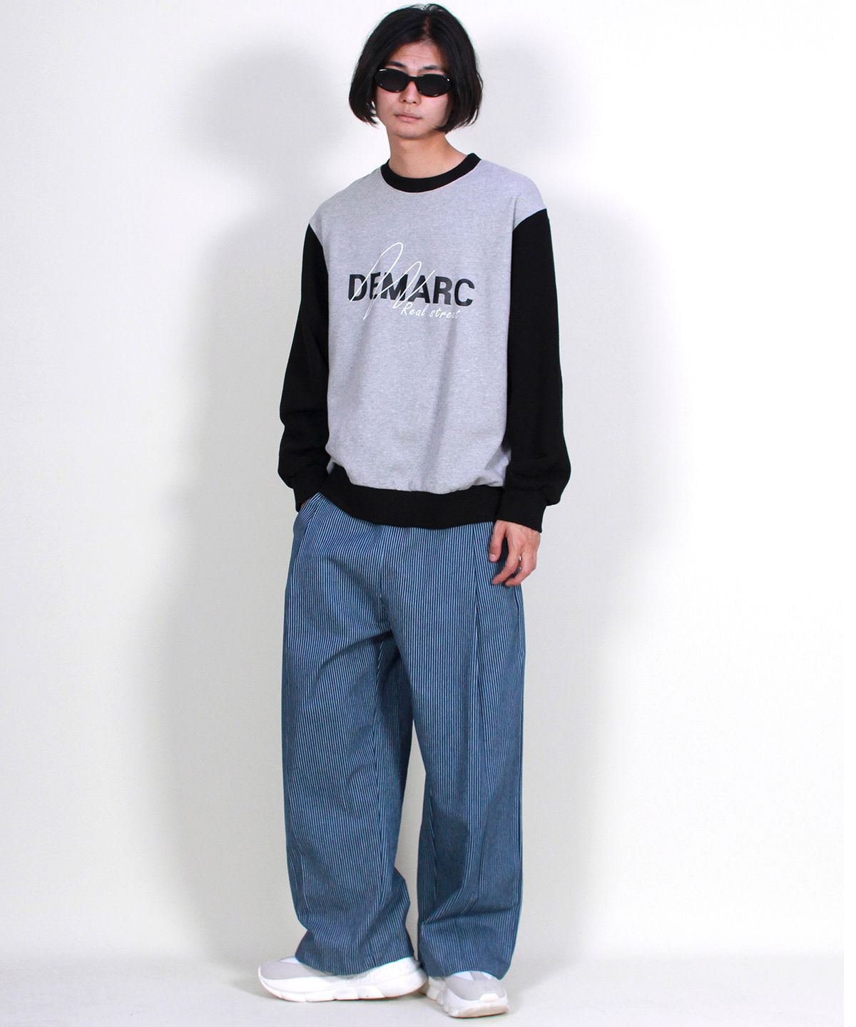 드마크(DEMARC) 와이드 원턱  스트라이프 데님 팬츠 블루