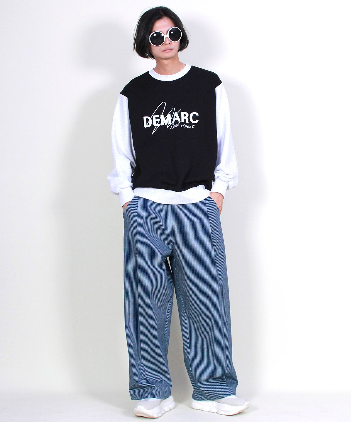 드마크(DEMARC) 와이드 원턱  스트라이프 데님 팬츠 블루