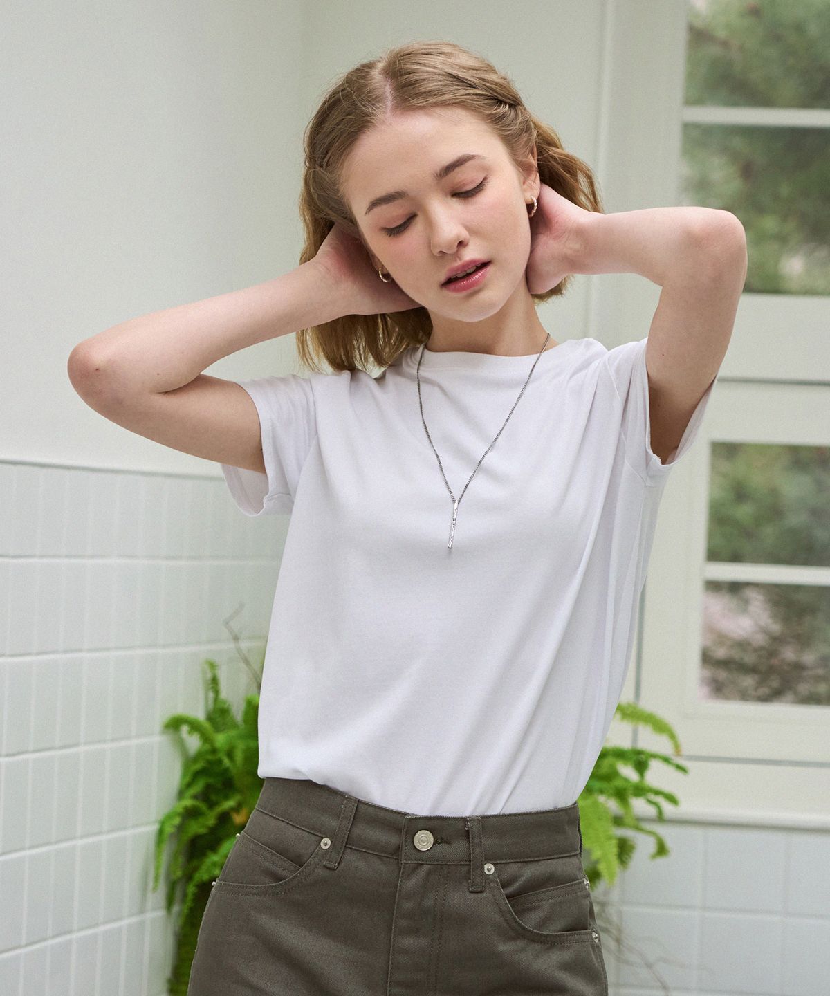 드로우핏 우먼(DRAWFIT WOMEN) 수피마 실켓 크루넥 반팔 티셔츠 [YELLOW BEIGE]