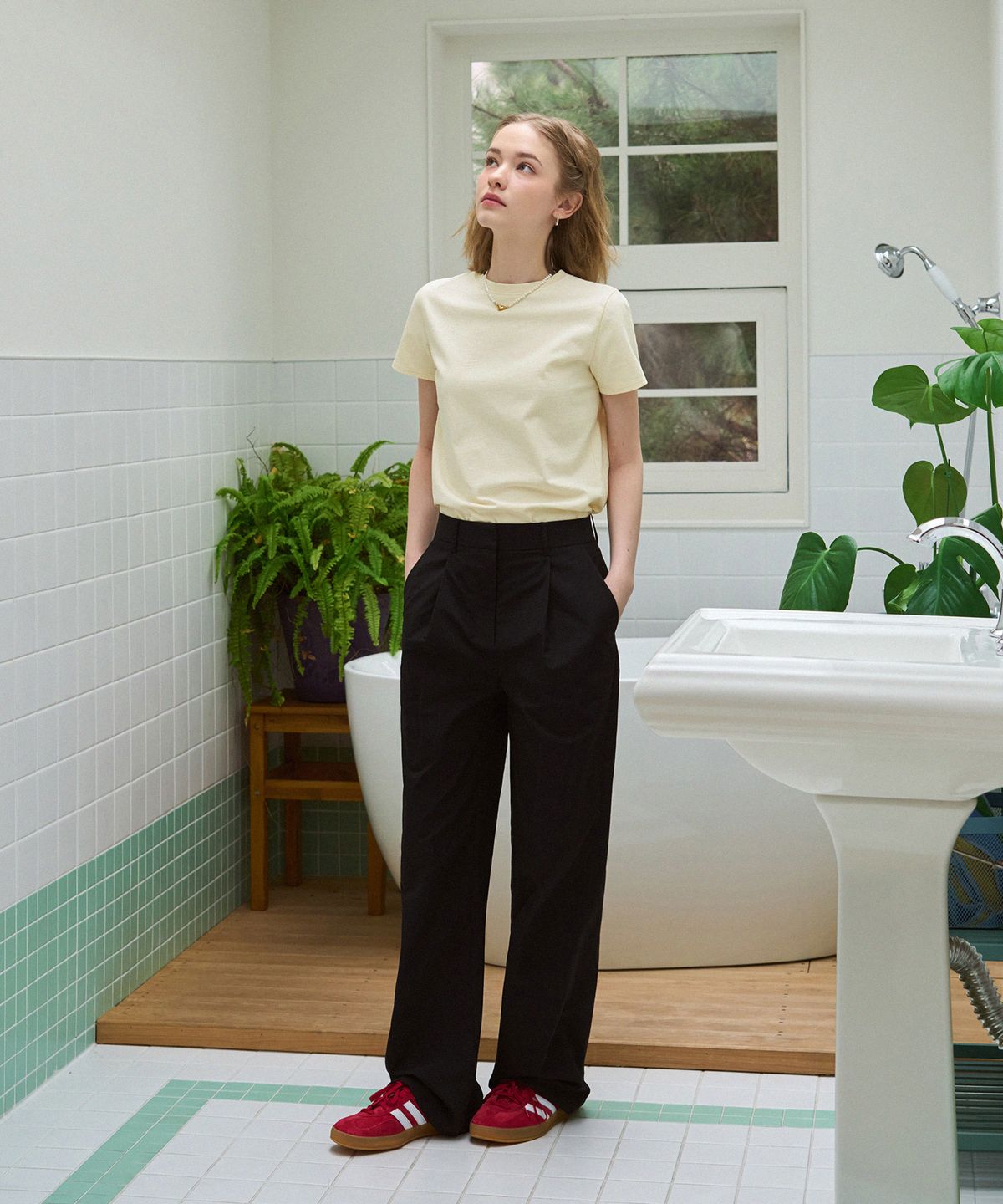 드로우핏 우먼(DRAWFIT WOMEN) 수피마 실켓 크루넥 반팔 티셔츠 [YELLOW BEIGE]