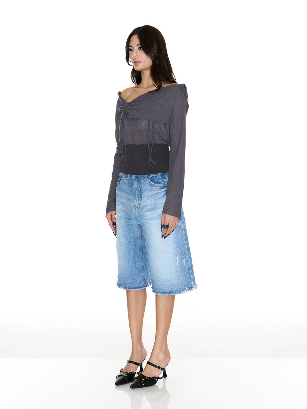 쎄쎄쎄(SETSETSET) LAVIGNE OFF-SHOULDER SHIRRING TOP CHARCOAL