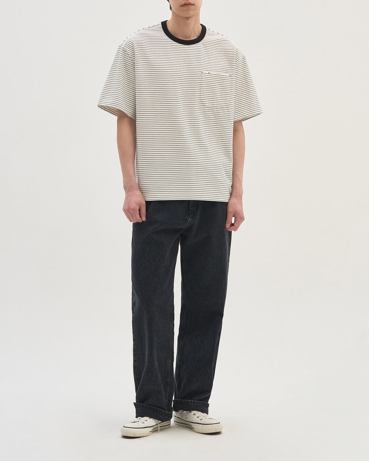 인더로우(INTHERAW) STRIPE CREW PANEL T SHIRT - WHITE