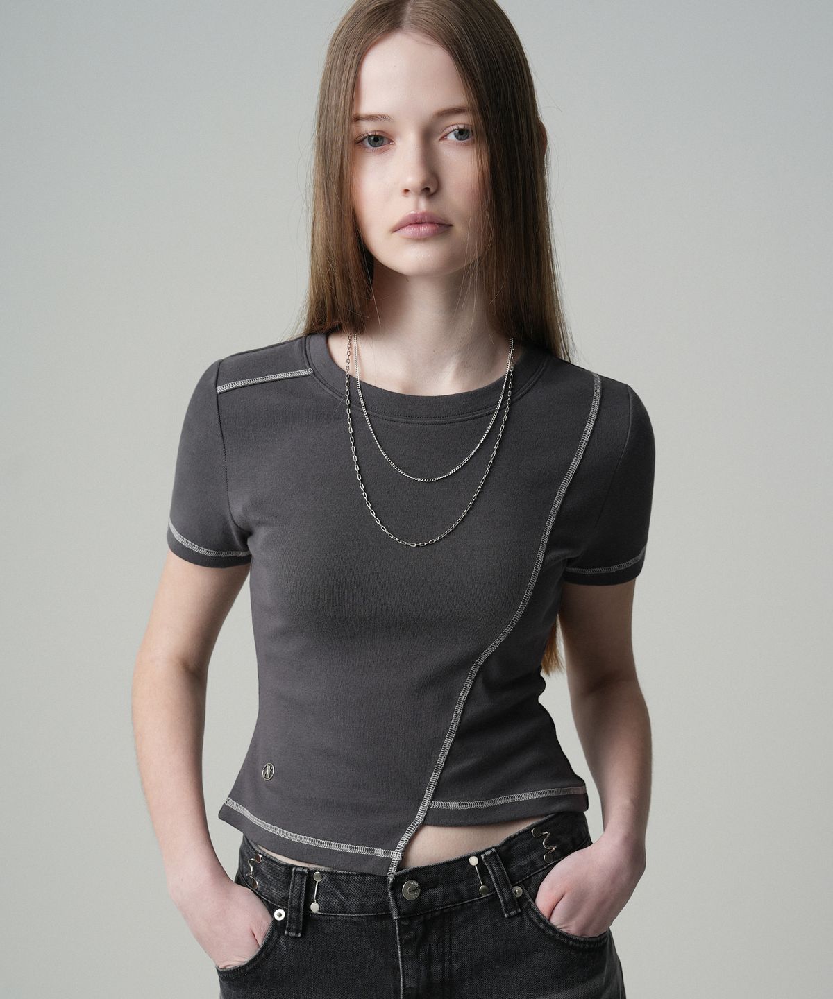 어반드레스(AVANDRESS) Ssance Unbalanced Line Stitch T-Shirt - 5COL