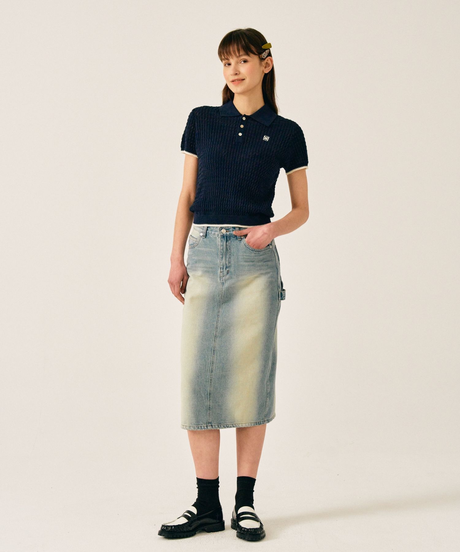 MUSINSA公式 | SATUR Diagonal Collar Half Knitwear Classic Navy