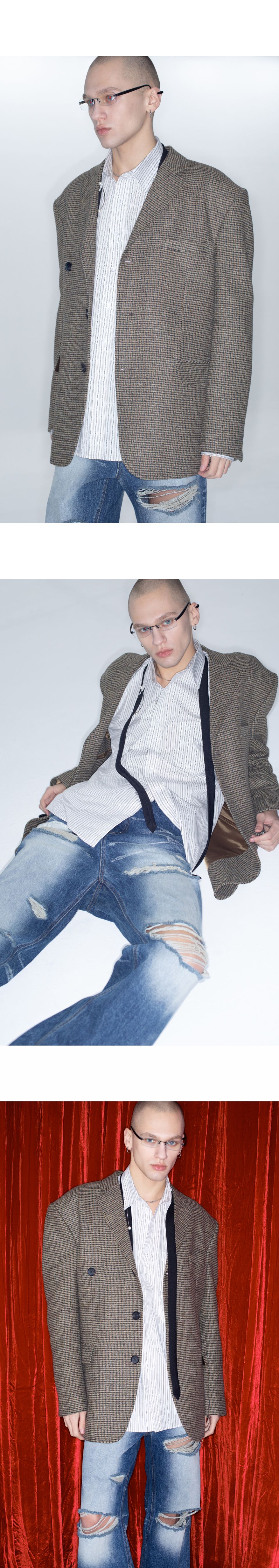 MUSINSA | LECYTO Vintage Check Oversized Blazer_[Brown]
