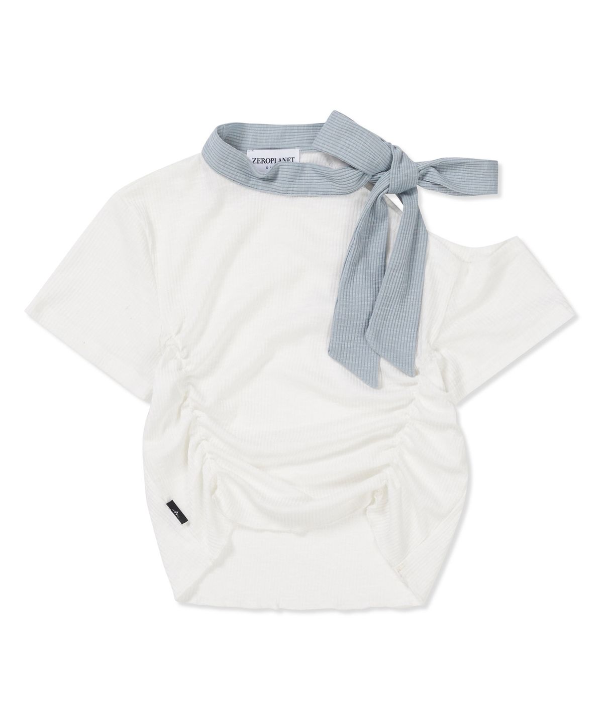 제로플래닛(ZEROPLANET) 레일라 언밸런스 리본 셔링 탑 [WHITE]