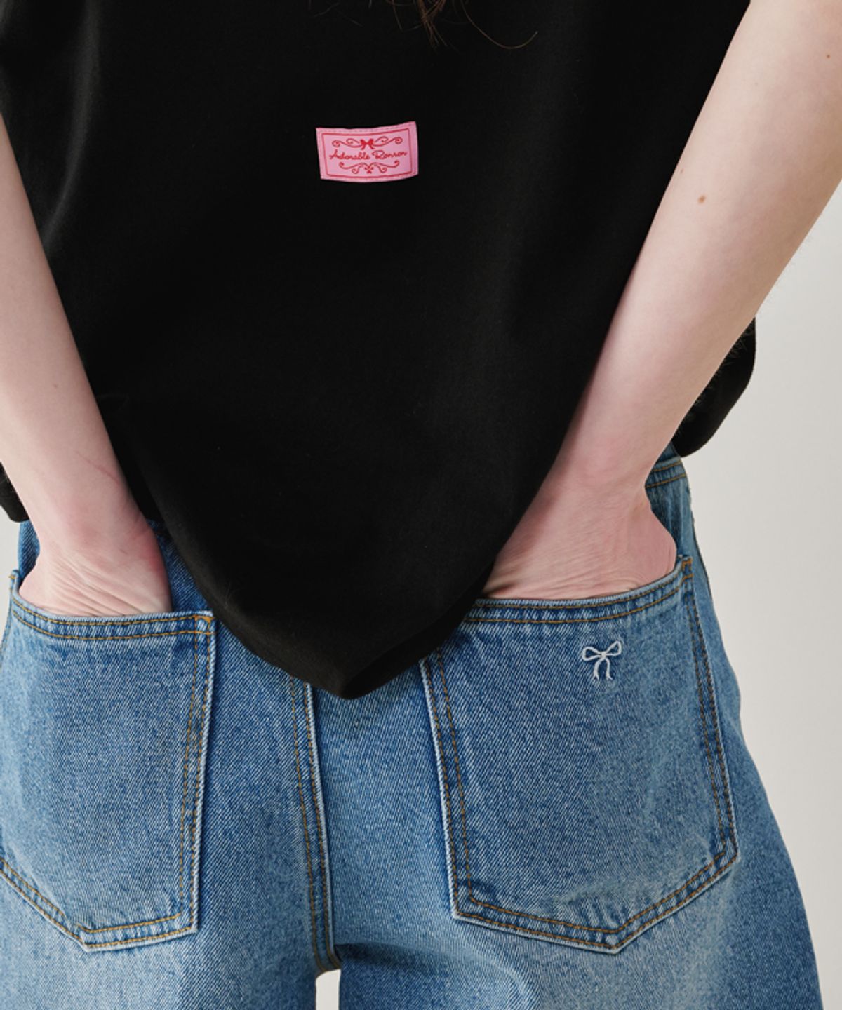 론론(RONRON) RIBBON PRINTED DENIM HALF PANTS LIGHT BLUE