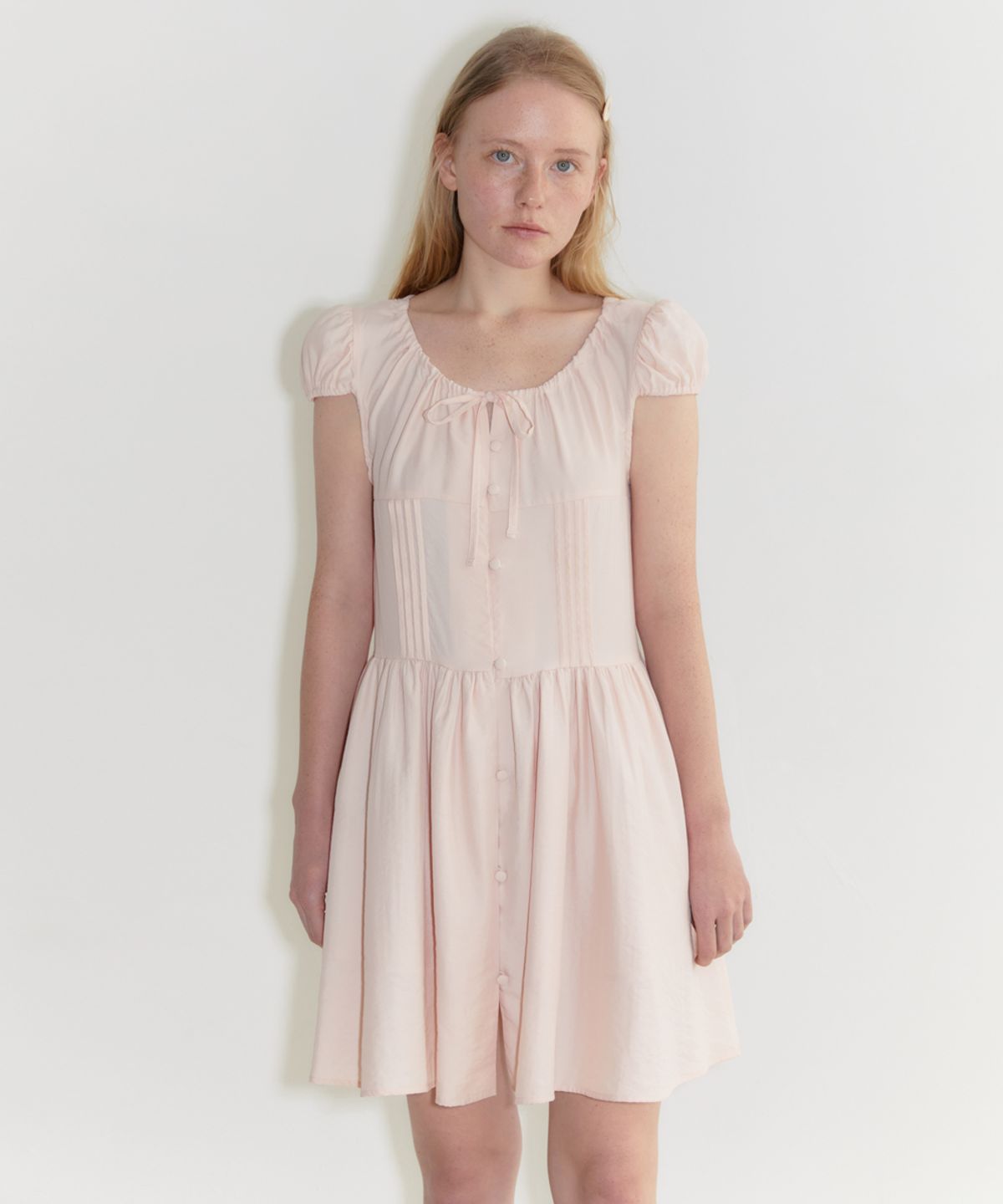 시눈(SINOON) Puff Sleeve Pintuck Dress (Pink)