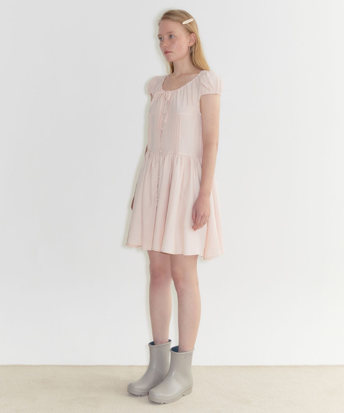 시눈(SINOON) Puff Sleeve Pintuck Dress (Pink)