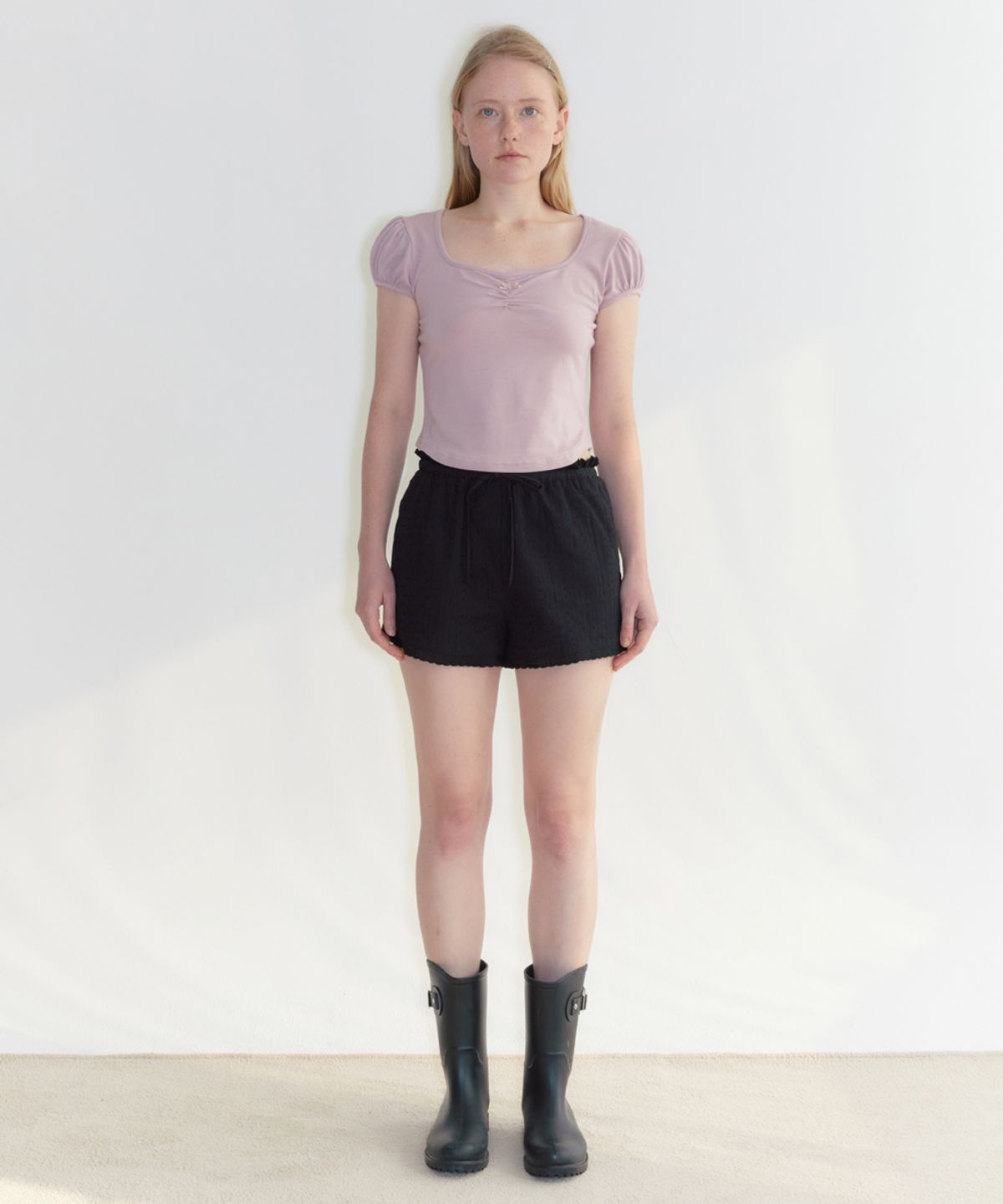 시눈(SINOON) Round Shirring T-Shirt (Dusty Pink)