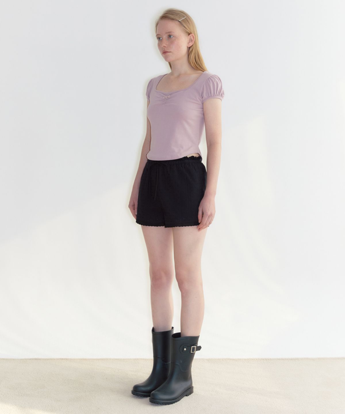 시눈(SINOON) Round Shirring T-Shirt (Dusty Pink)