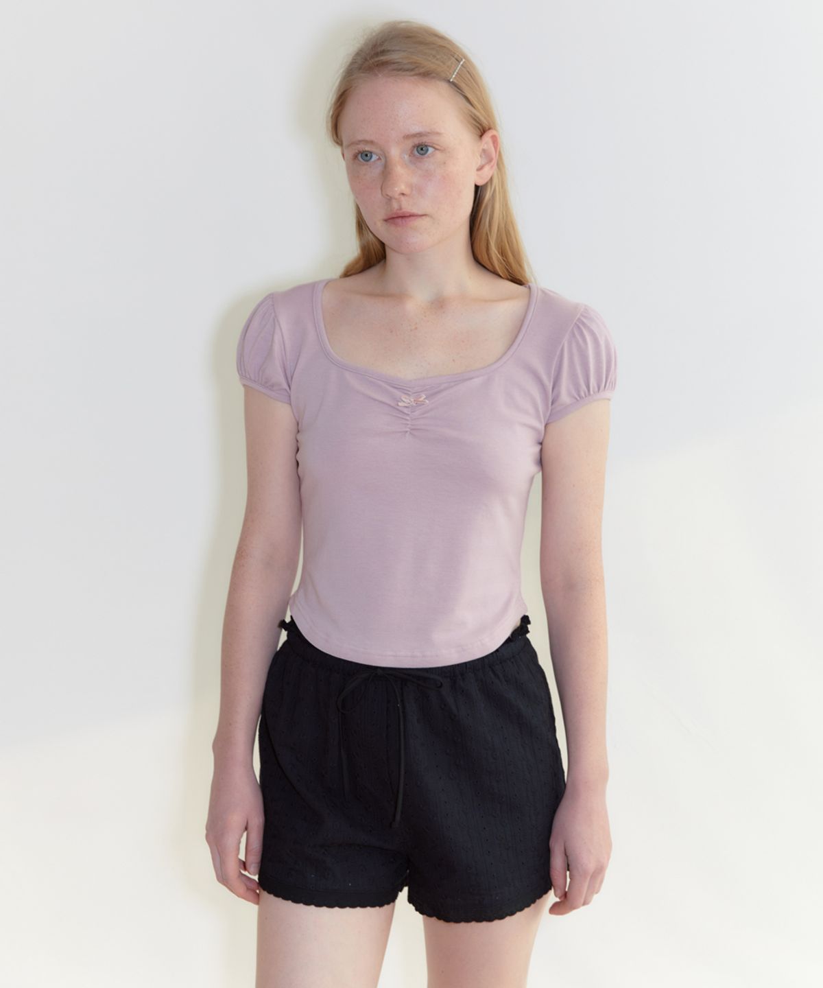 시눈(SINOON) Round Shirring T-Shirt (Dusty Pink)