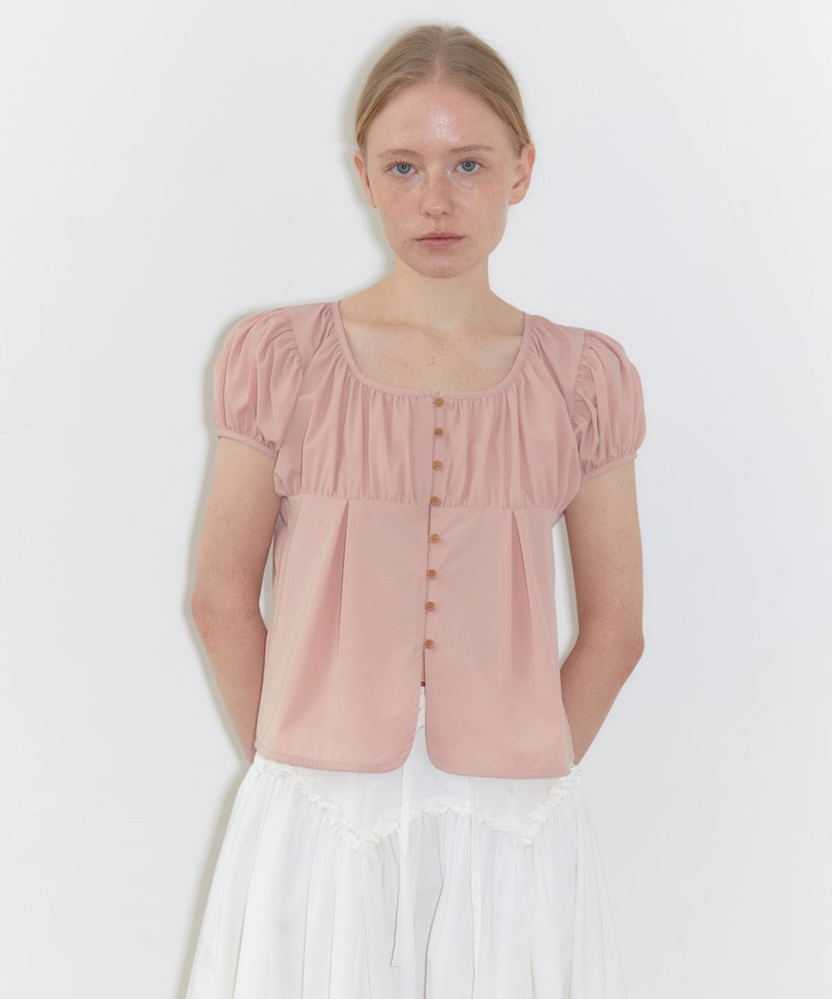 시눈(SINOON) Shirring Puff Blouse (Pink)
