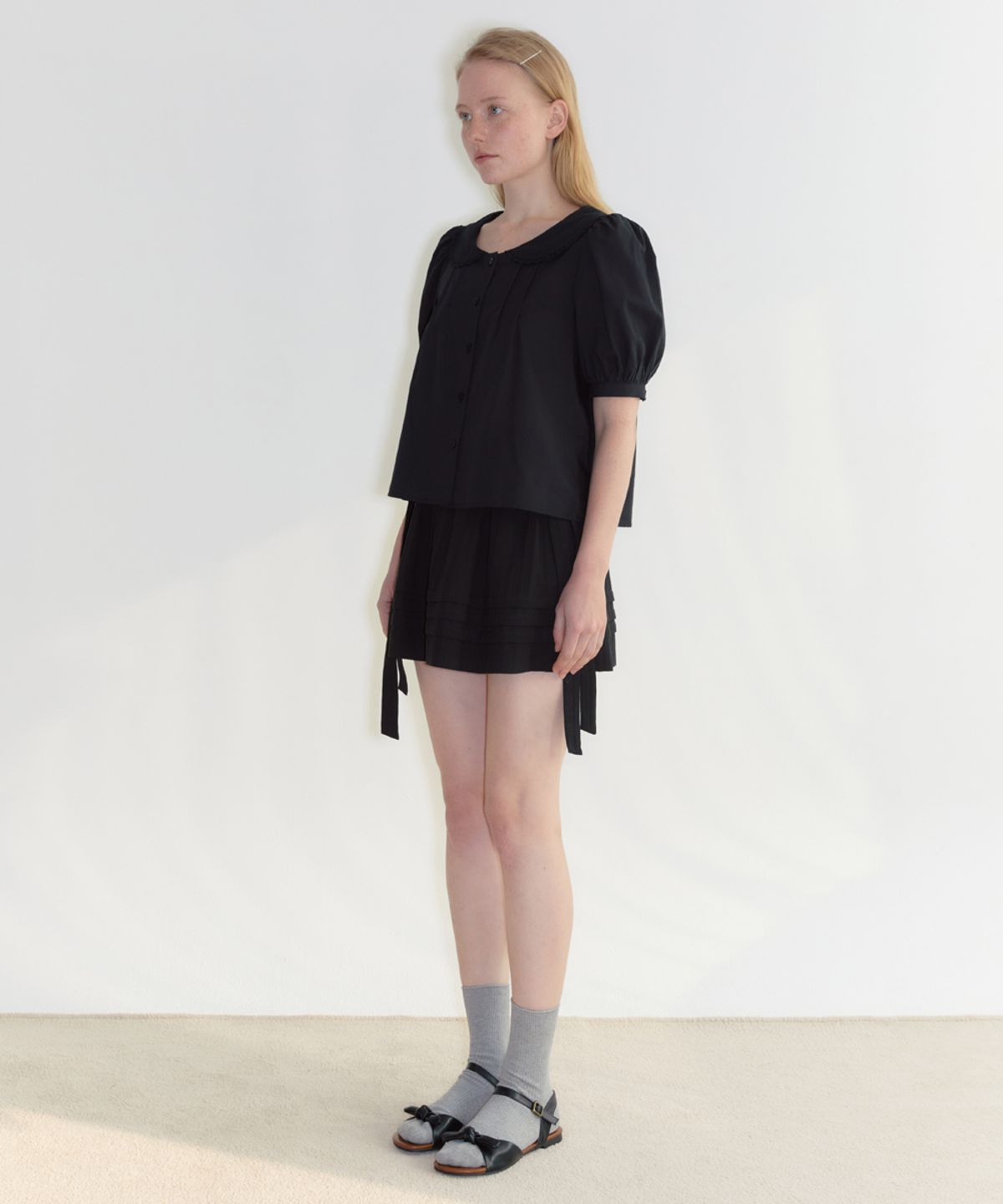 시눈(SINOON) Puff Sleeve Collar Blouse (Black)