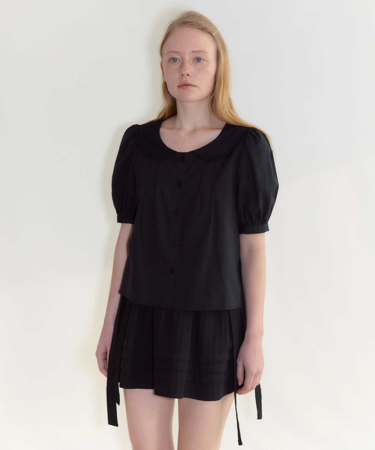 시눈(SINOON) Puff Sleeve Collar Blouse (Black)