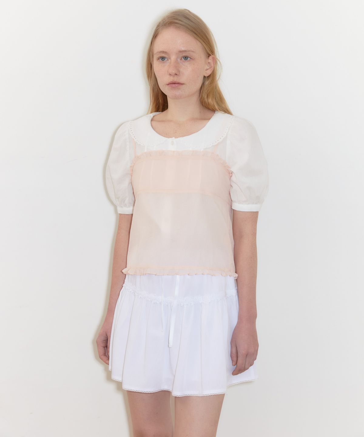 시눈(SINOON) Layered Frill Blouse (Light Pink)
