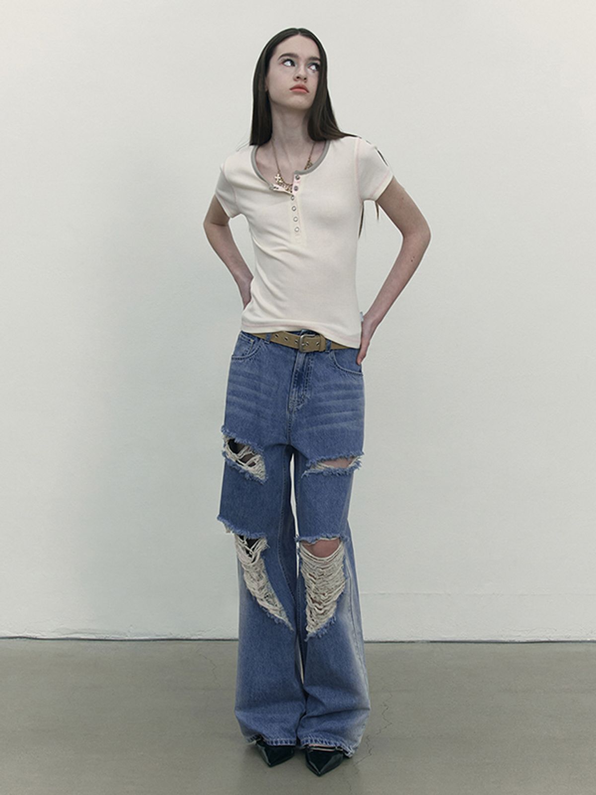 키르시(KIRSH) 체리 데미지 워싱 와이드핏 데님 팬츠 [블루]