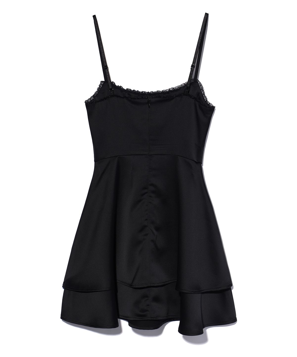 유희(YOUHEE) LETTERING SATIN FLARE MINI DRESS BLACK