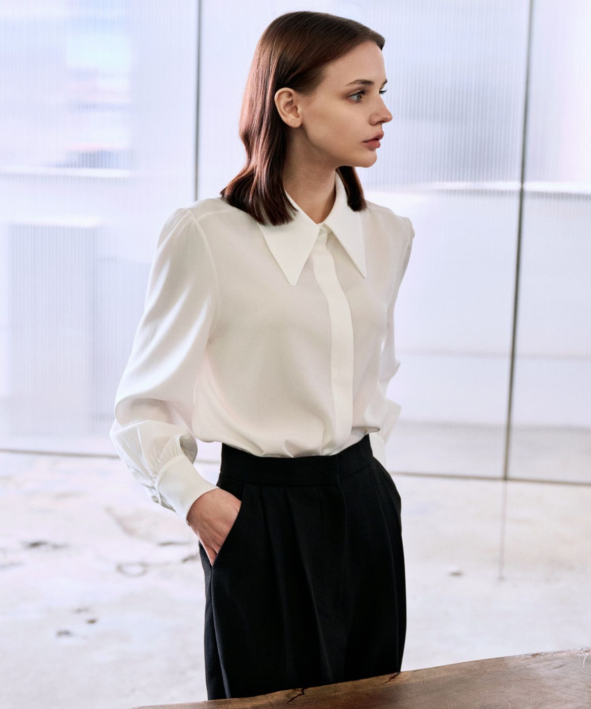 랭5(LANG5) [MUDY] BIG COLLAR BLOUSE [무디] 빅카라 블라우스_화이트