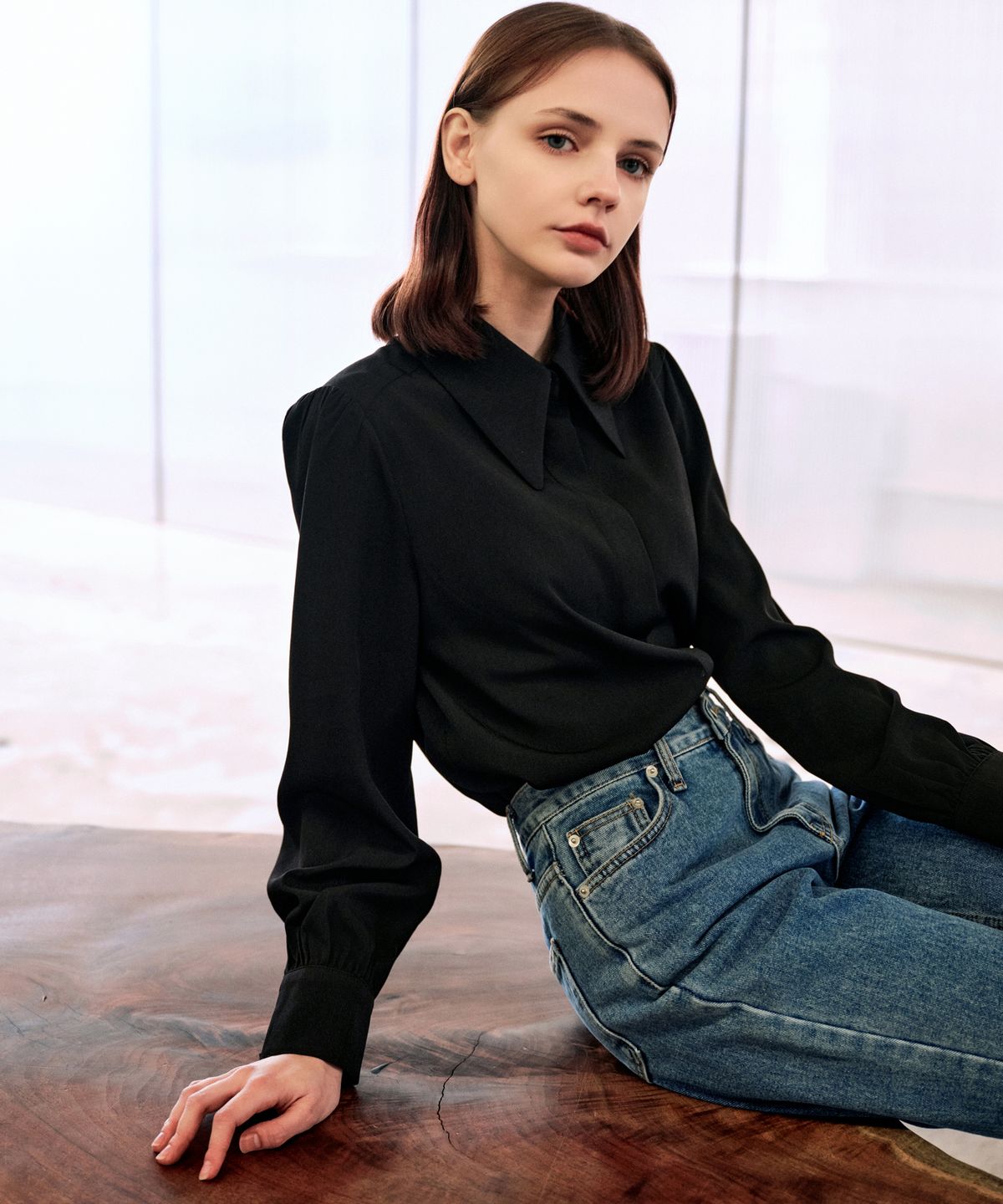 랭5(LANG5) [MUDY] BIG COLLAR BLOUSE [무디] 빅카라 블라우스_블랙