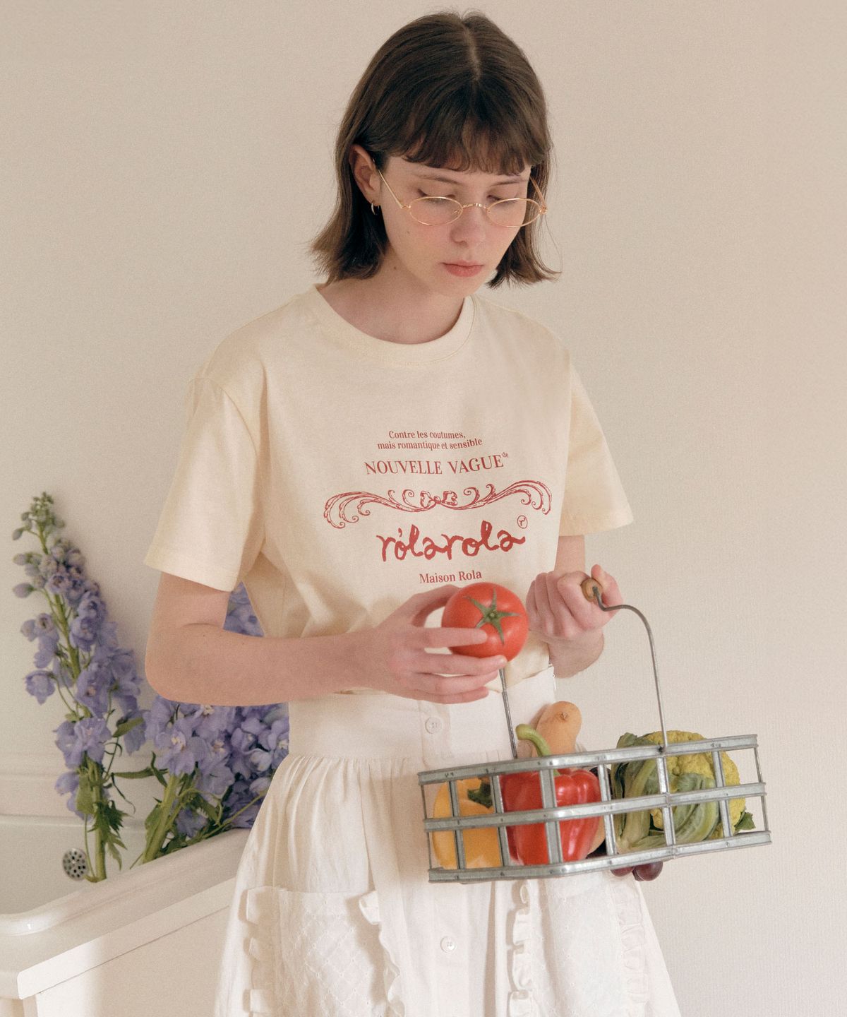 로라로라(ROLAROLA) VINTAGE NOUVELLE LOGO HALF T-SHIRT IVORY