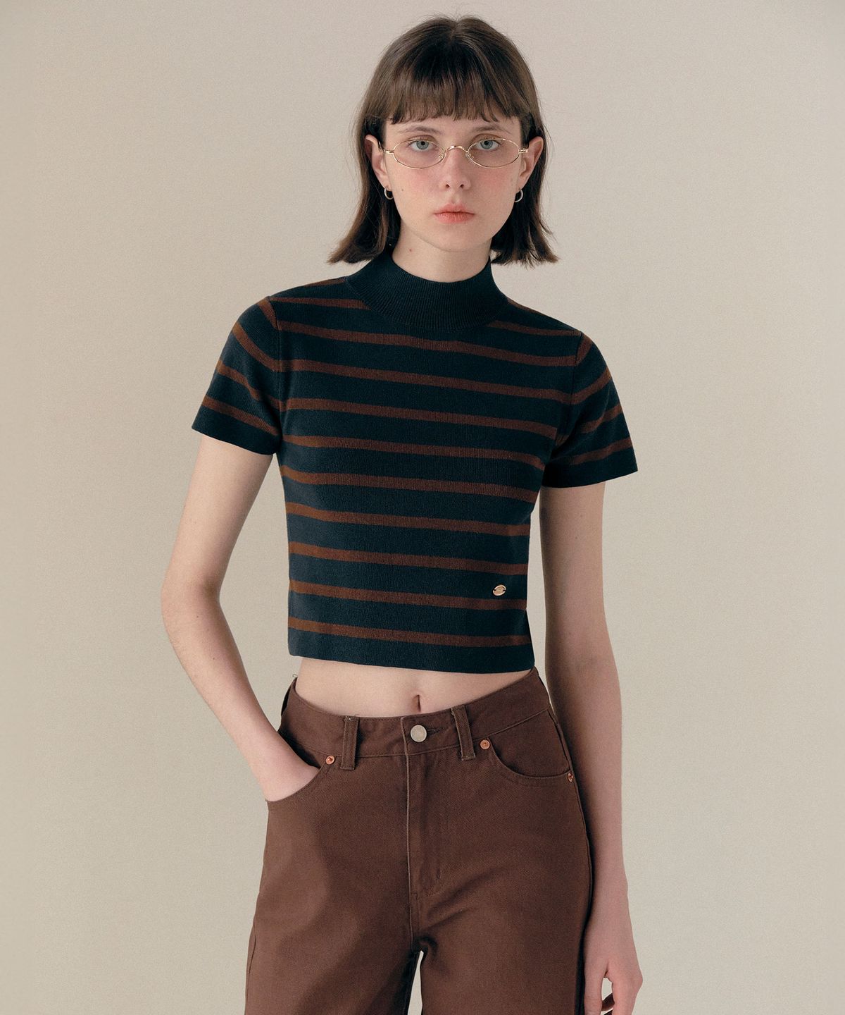 로라로라(ROLAROLA) HALF NECK STRIPE KNIT NAVY