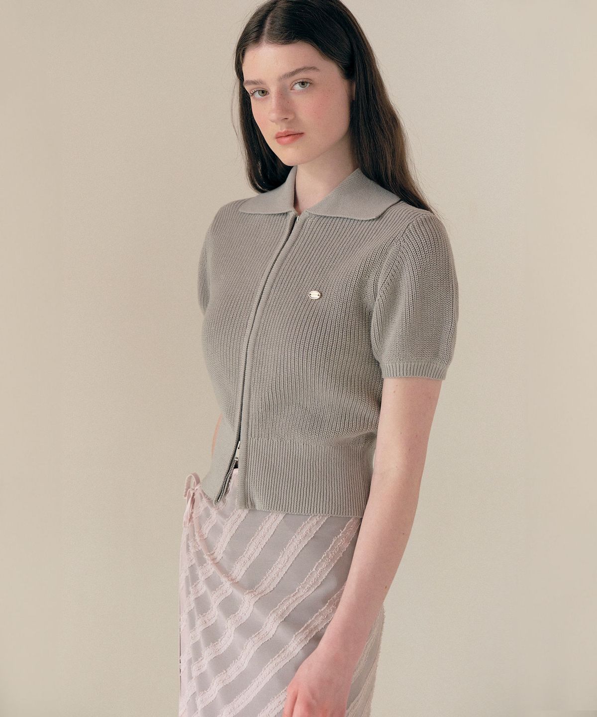 로라로라(ROLAROLA) COLLAR HALF KNIT ZIP UP GRAY
