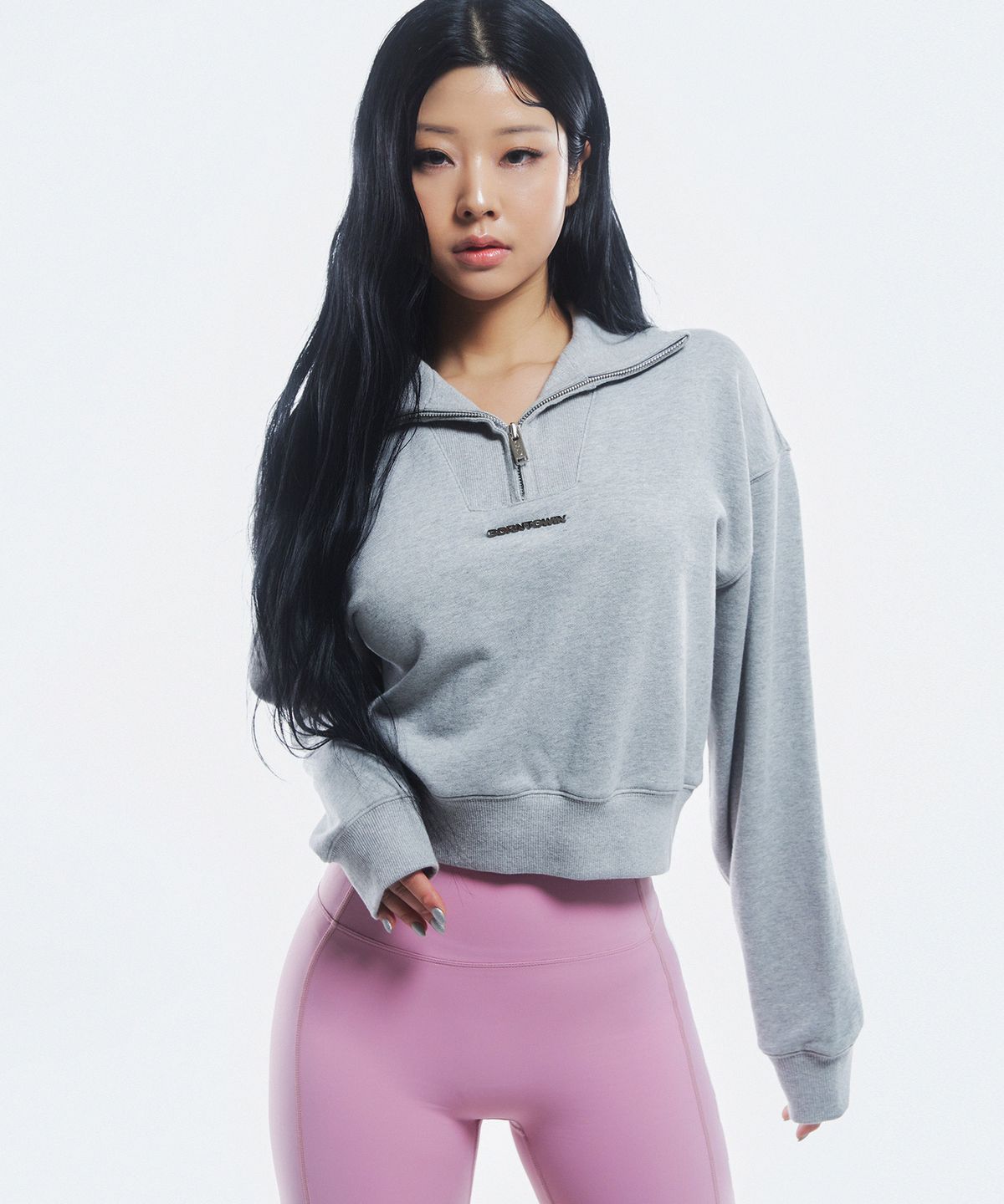 본투윈(BORN TO WIN) RIB MIX CROP HALF ZIP-UP [MELANGE GREY]