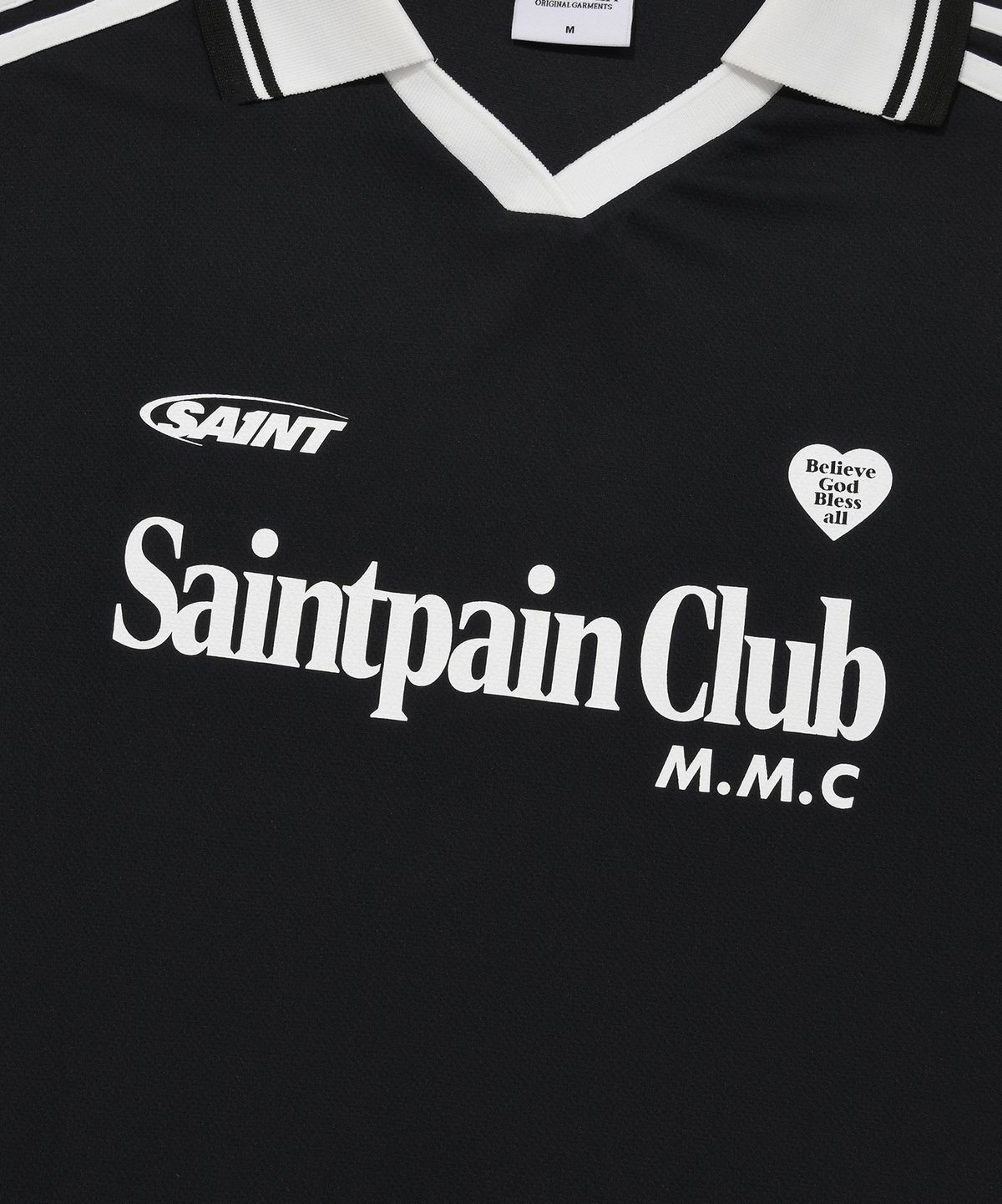 세인트페인(SAINTPAIN) SP 하트 엠블럼 로고 라인 카라 티셔츠-블랙
