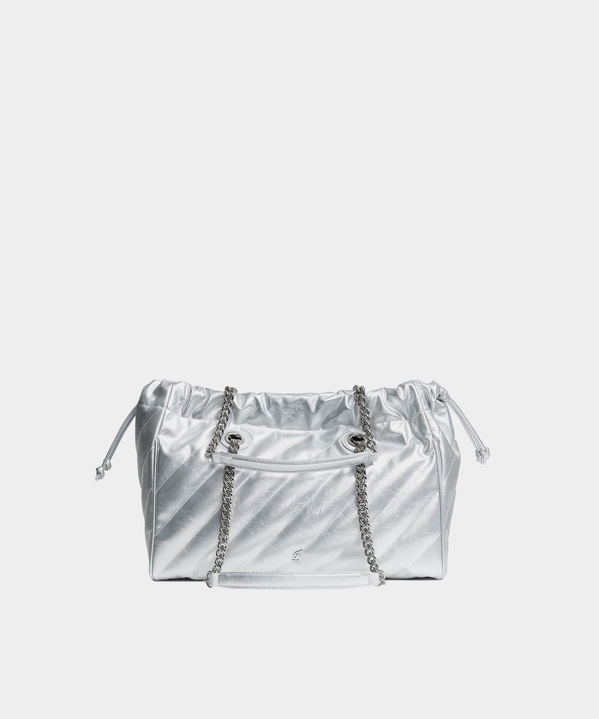 배드지지(BADGIGI) 체인 스퀘어 트로우스트링백, 실버 퀼팅