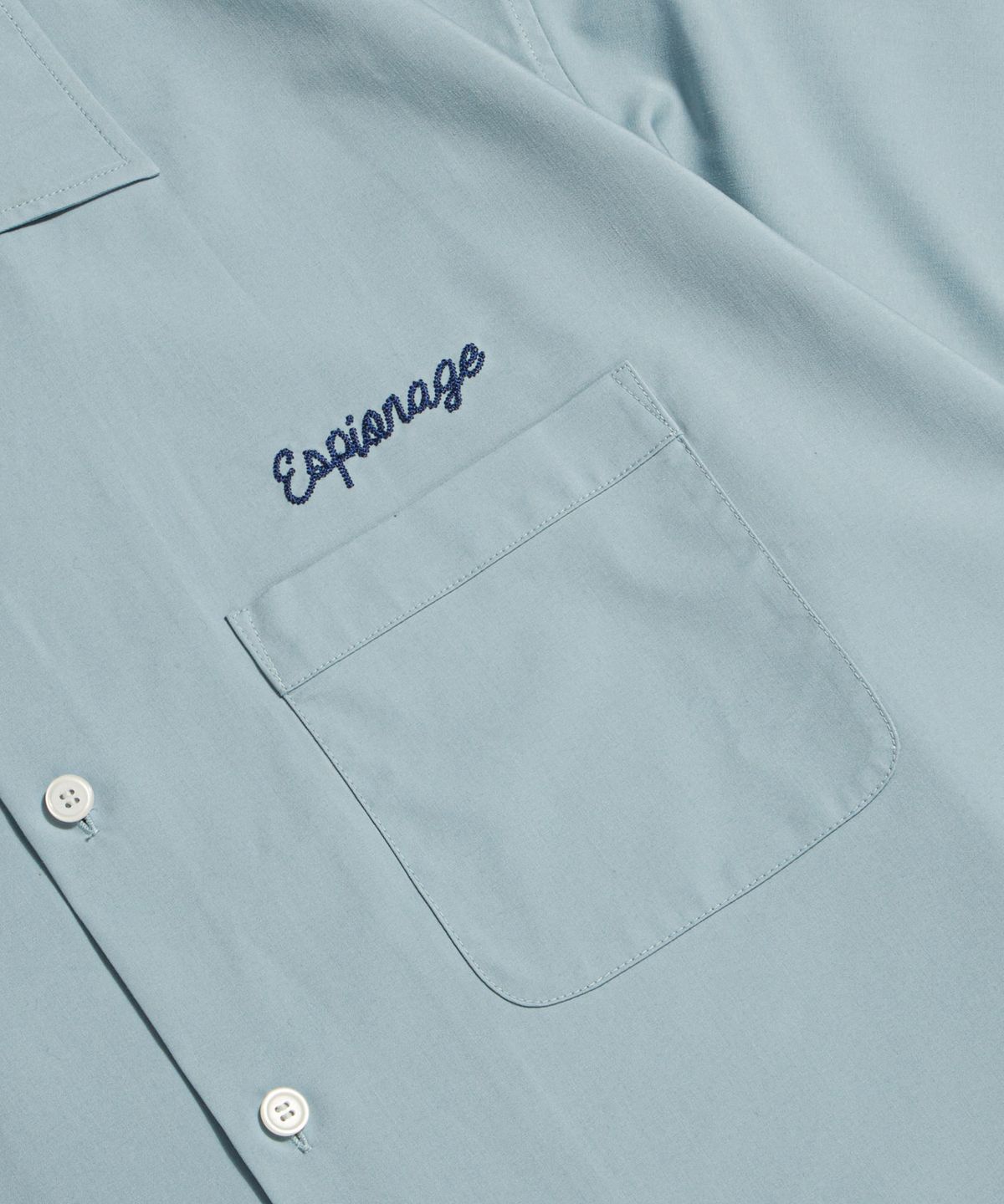 에스피오나지(ESPIONAGE) Script Logo Open Collar S/S Shirt Rusty Blue